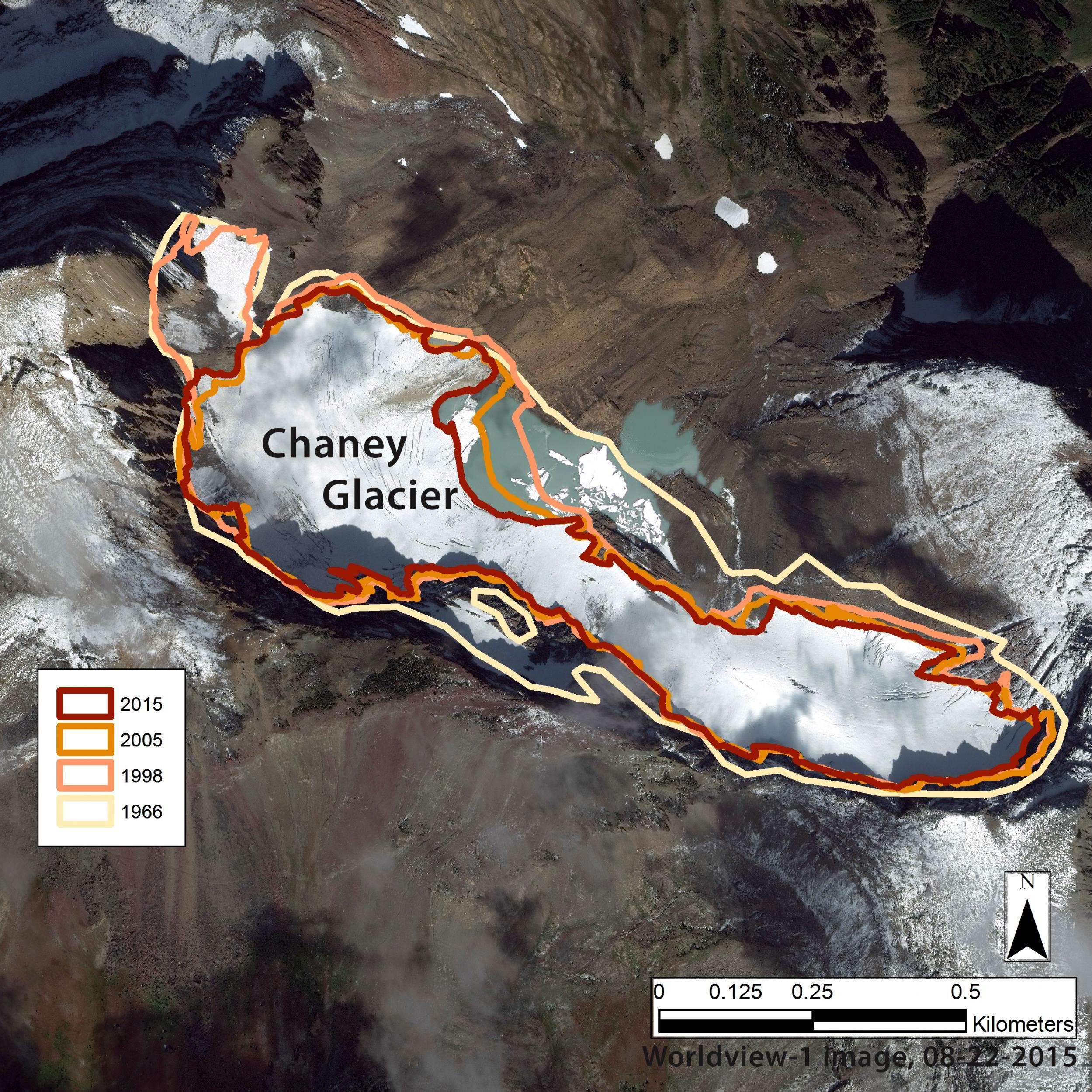 The perimeter of Chaney Glacier in Glacier National Park in 1966, 1998, 2005, and 2015