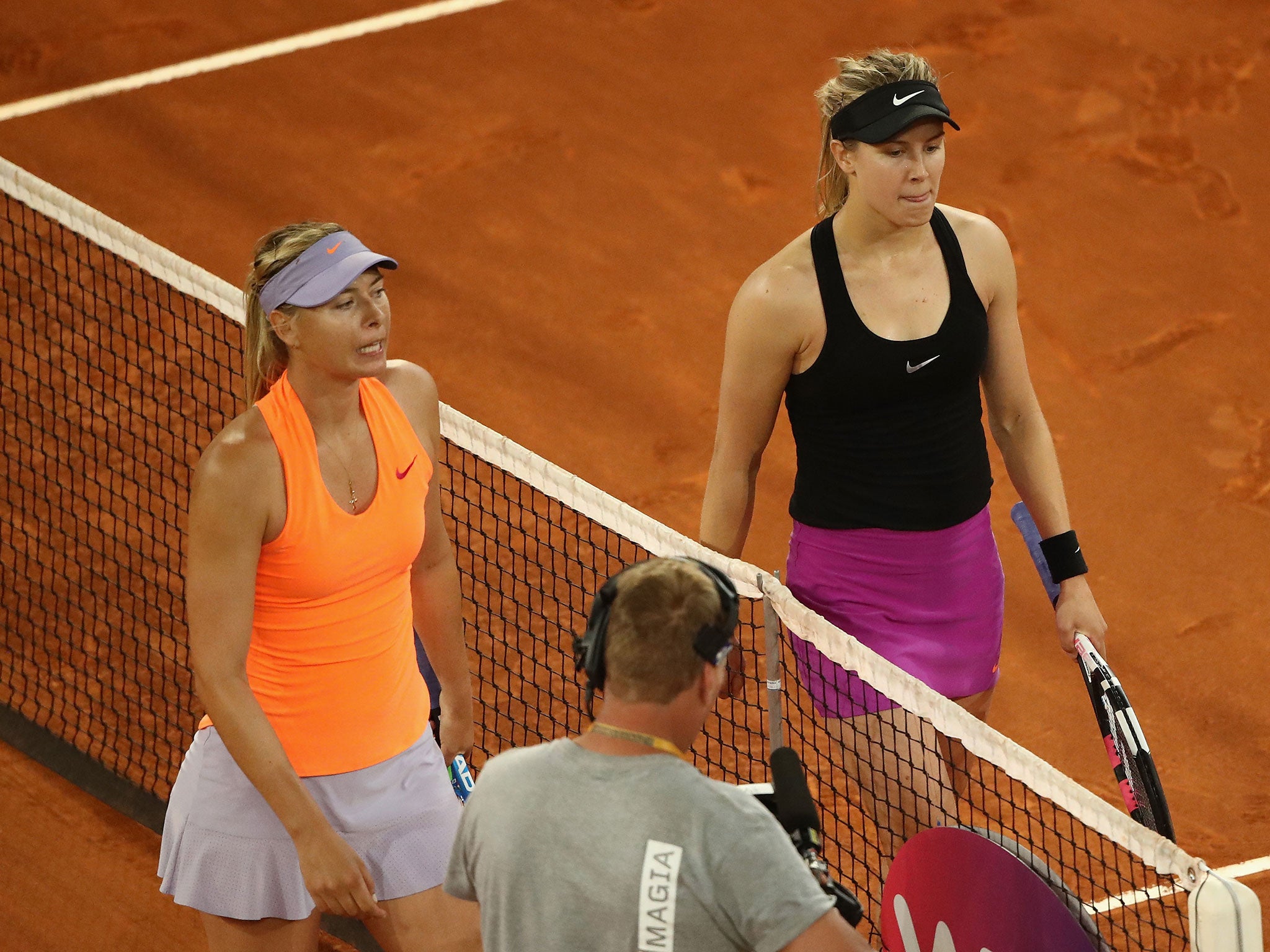 Eugenie Bouchard and Maria Sharapova after their showdown in Madrid on Monday night