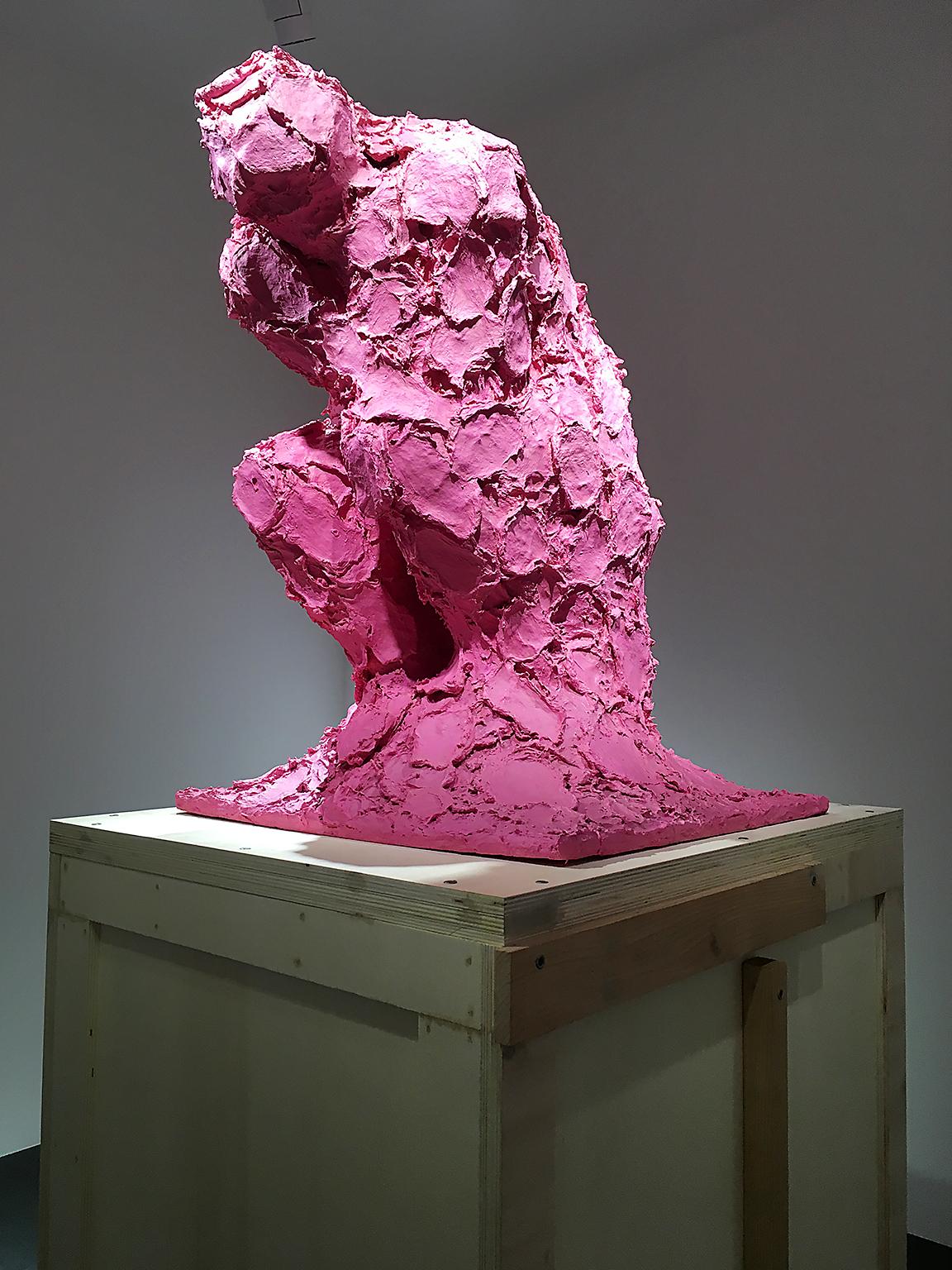 Inside the Korean Pavillion, Rodin's 'The Thinker' has been re-made in toilet paper and Pepto-Bismal by Cody Choi