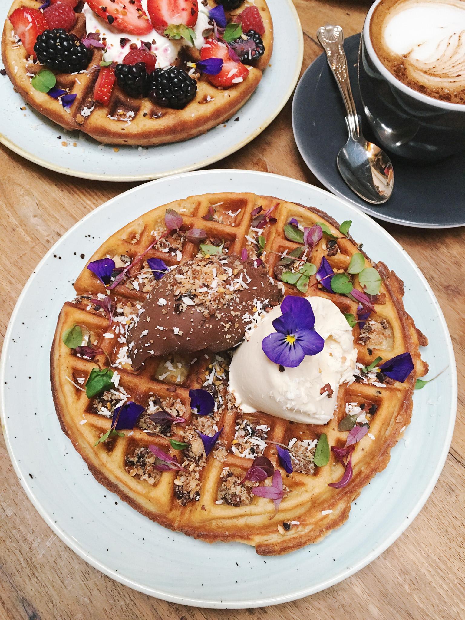 Quinoa waffles with peruvian chocolate, toasted quinoa ice cream and a cacao crumb