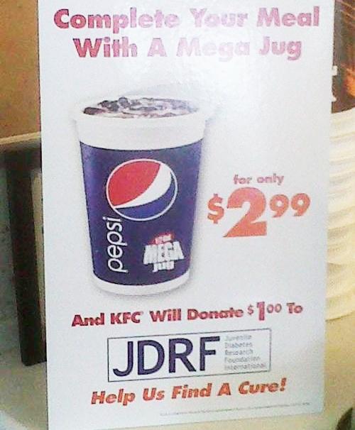 Irony bypass: a dollar donation to fight diabetes is KFC’s hook for customers to buy half a gallon of sugary fizz