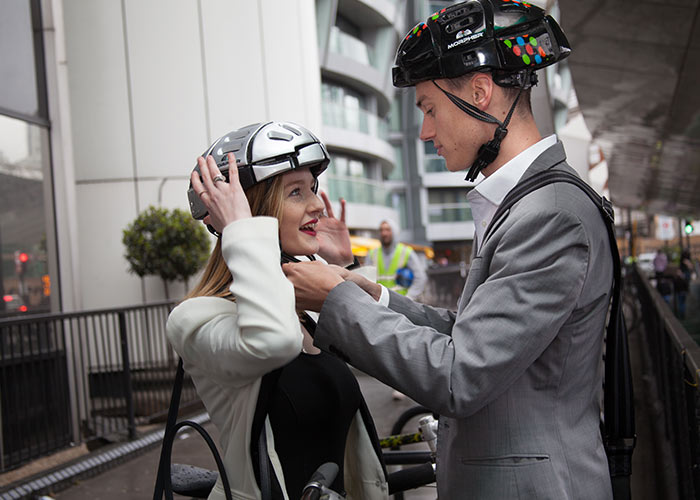 Head start: the helmets fold to be slipped into a bag when not in use, hopefully encouraging safer cycling