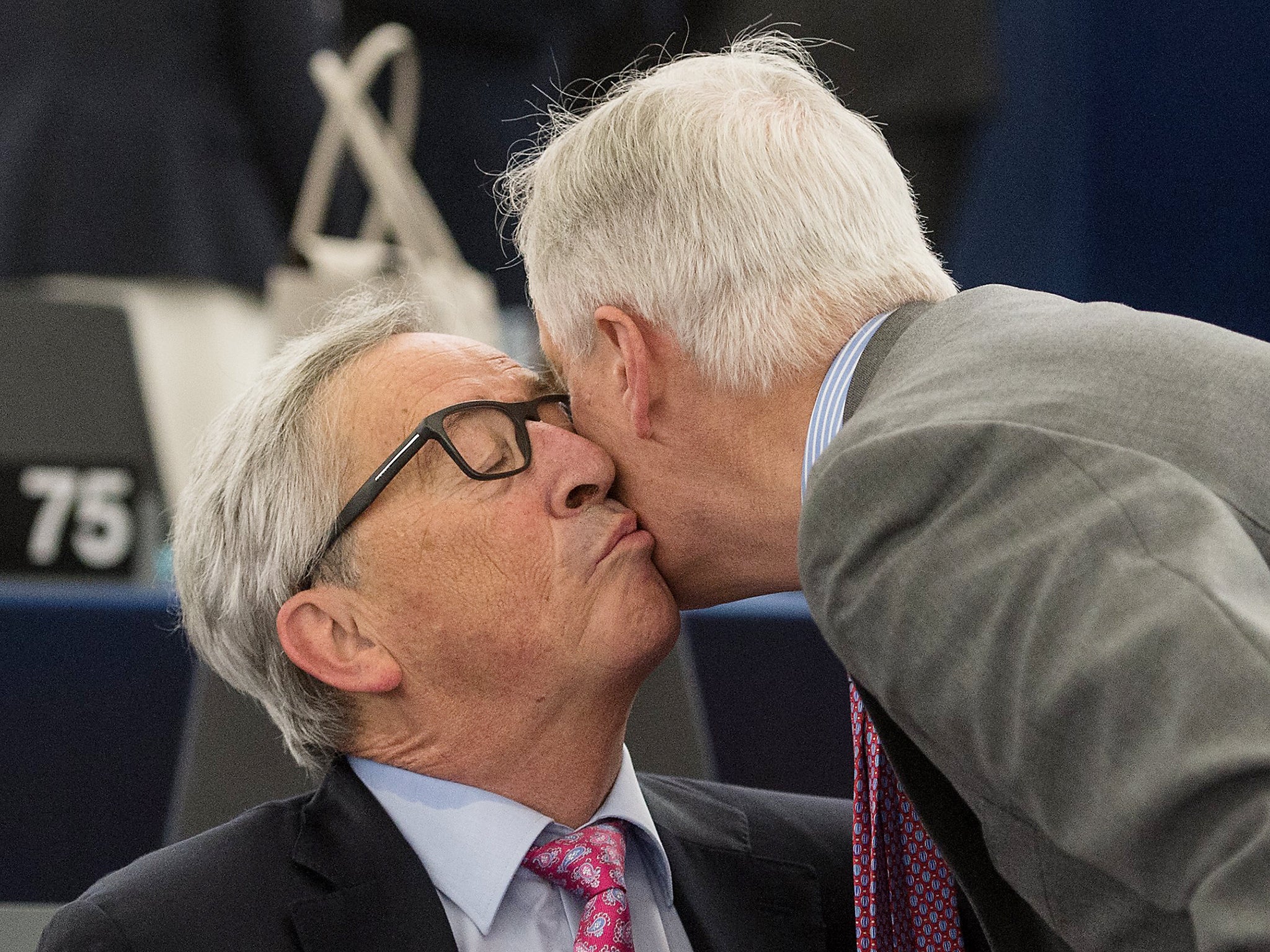 Jean-Claude Juncker, President of the European Commission, kisses Michel Barnier the European Chief Negotiator of the Task Force for the Preparation and Conduct of the Negotiations with the United Kingdom under Article 50 of the EU at the European Parliament in Strasbourg, France