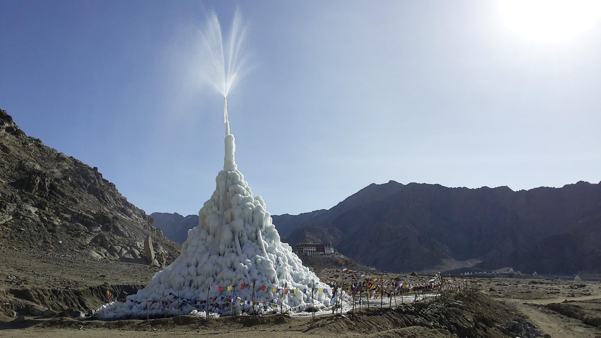 Ice stupas can rise 30 to 50 metres and last throughout the summer