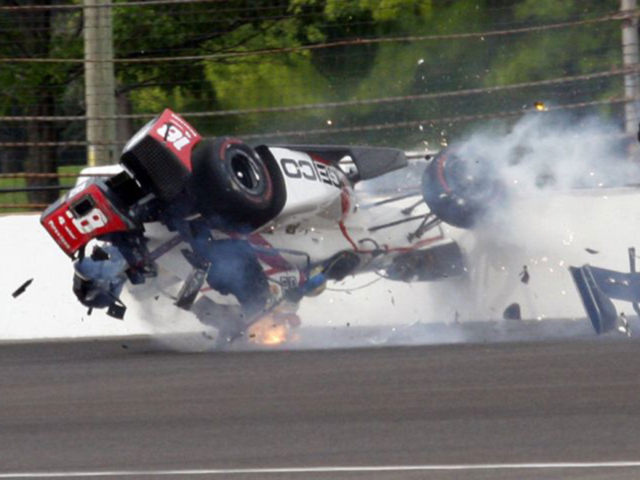 Bourdais' car flipped upside down after making contact with the wall