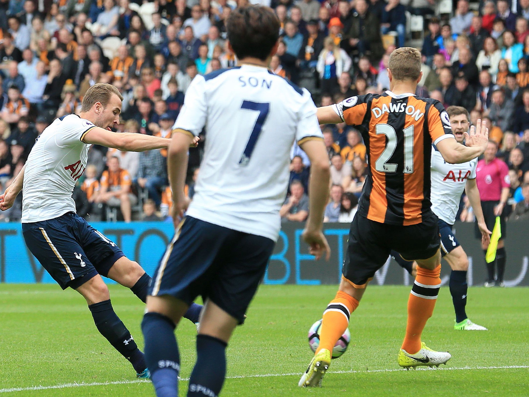 Kane rifles the ball beyond Marshall