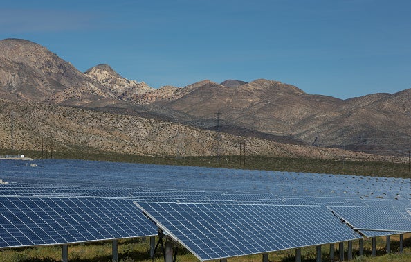 The large Barren Ridge solar panel array viewed from Highway 58 in California's Mojave Desert