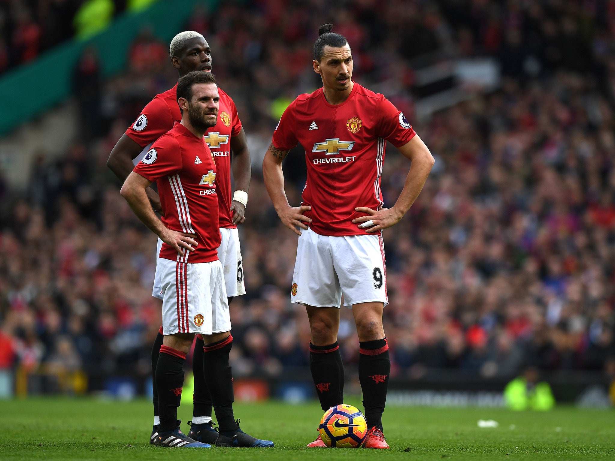 Paul Pogba and Zlatan Ibrahimovic with Juan Mata