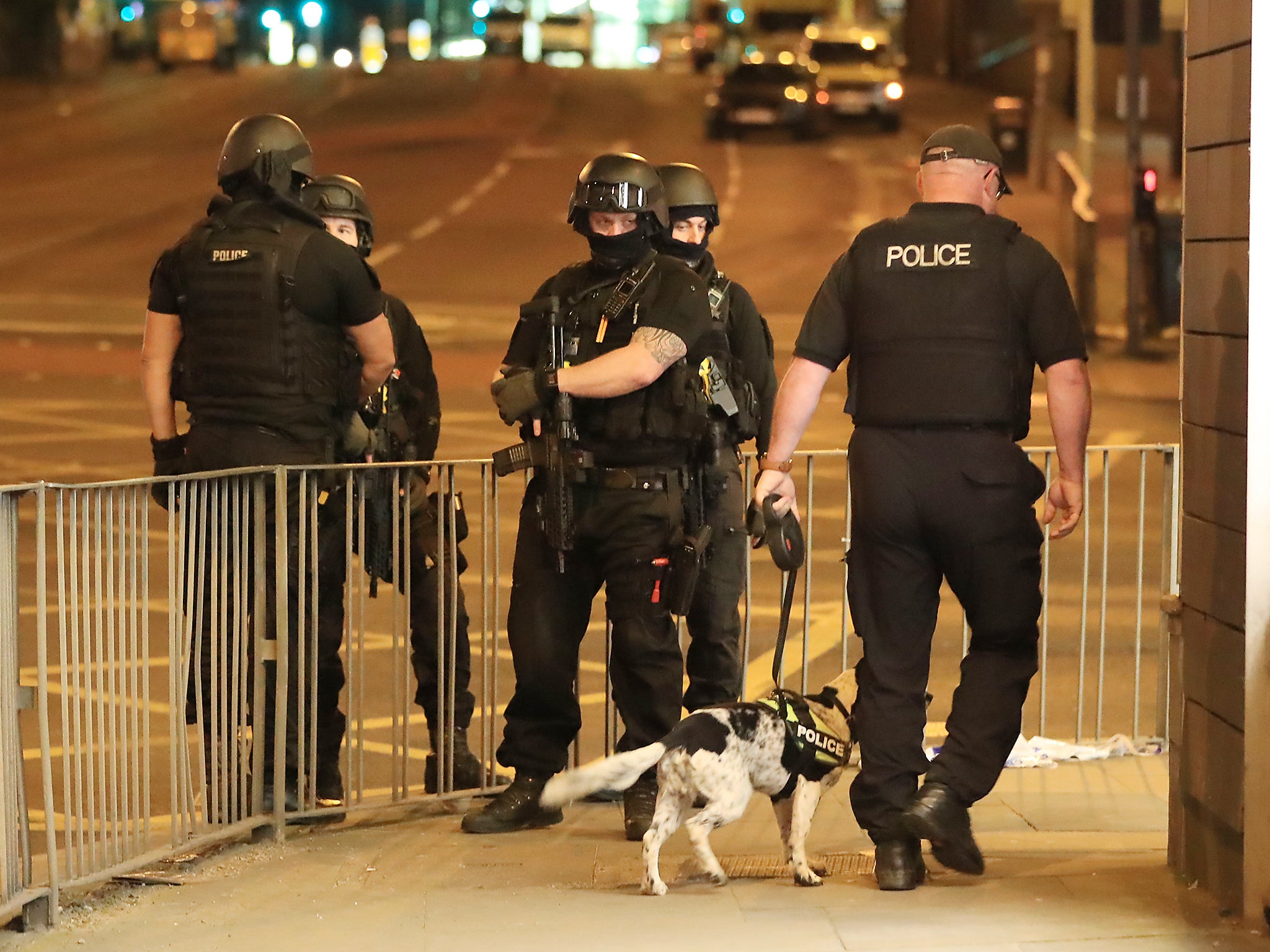 Armed police after a suspected terrorist attack at the Manchester Arena at the end of a concert by US star Ariana Grande left 19 dead