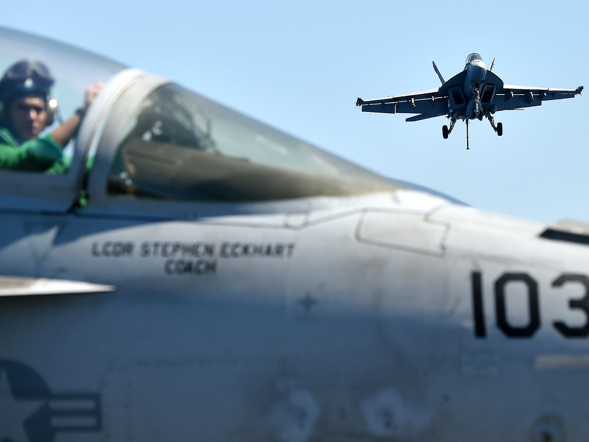 An F/A-18F Super Hornet lands on the US navy's super carrier USS Dwight D. Eisenhower