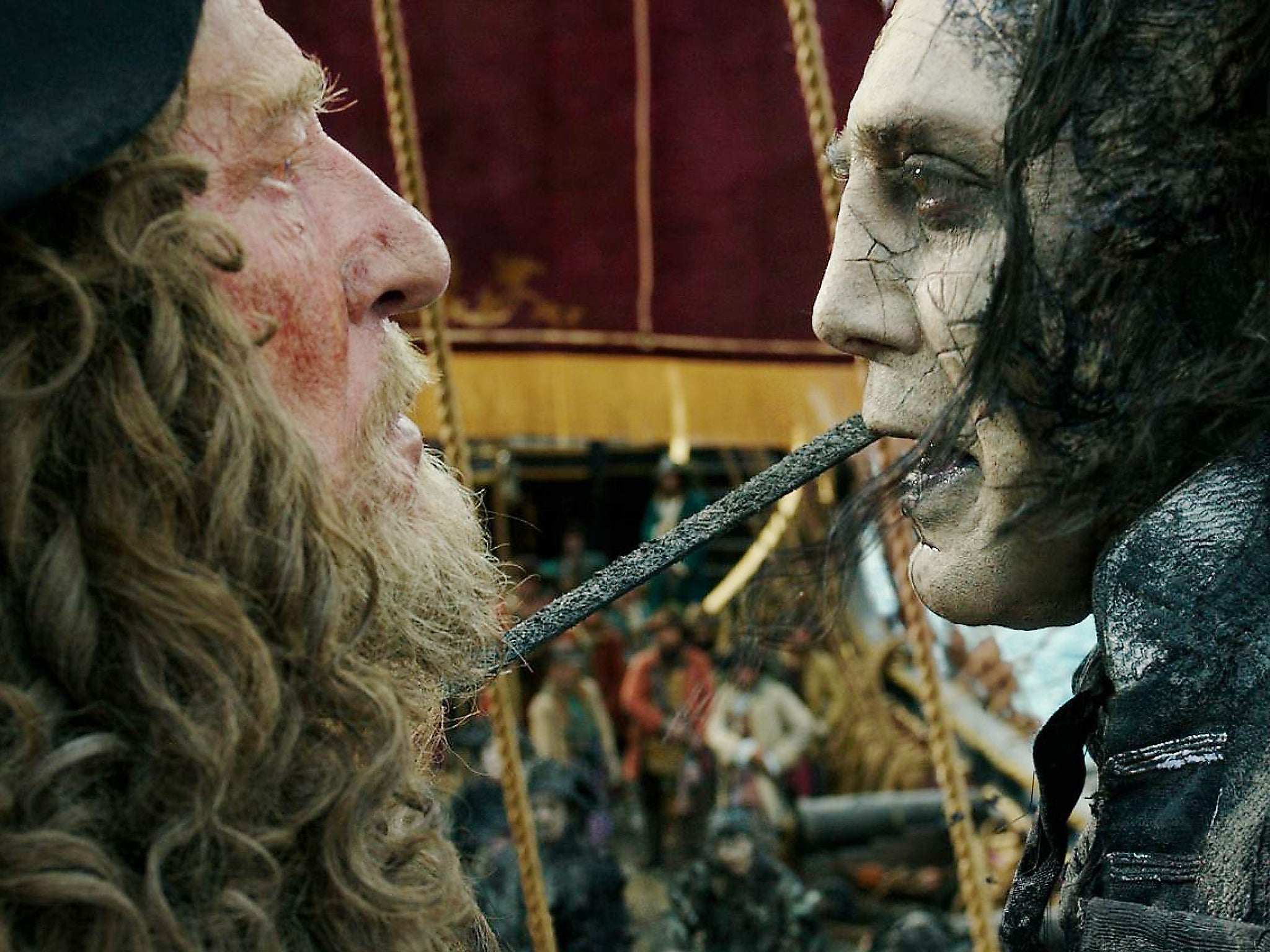 On board: Geoffrey Rush (left) and Bardem in the new Pirates film (Walt Disney)