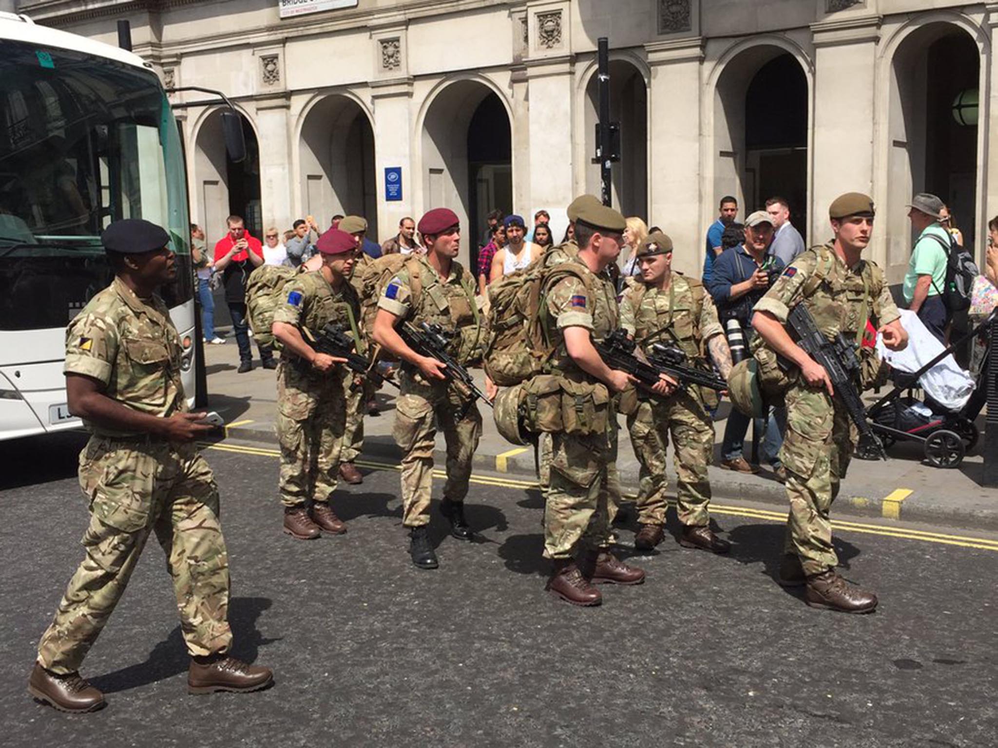 Soldiers arrive at Parliament as the UK terror threat was raised to critical