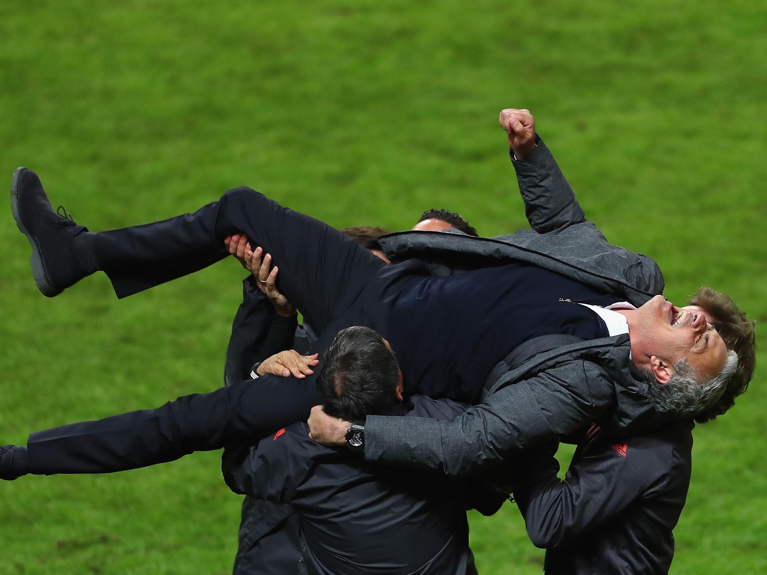 The manager was quick to throw himself into the post-match celebrations