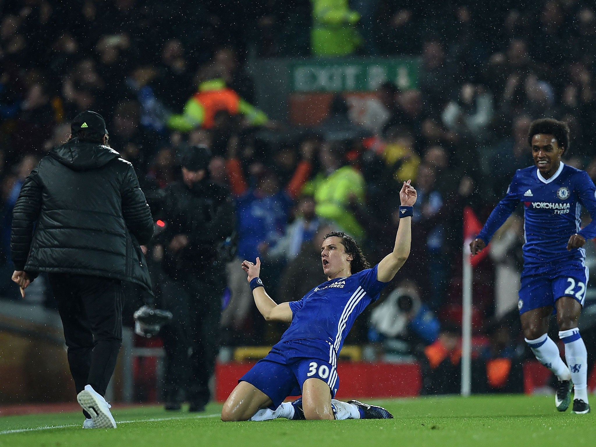 Luiz celebrates after scoring his stunning free-kick against Liverpool