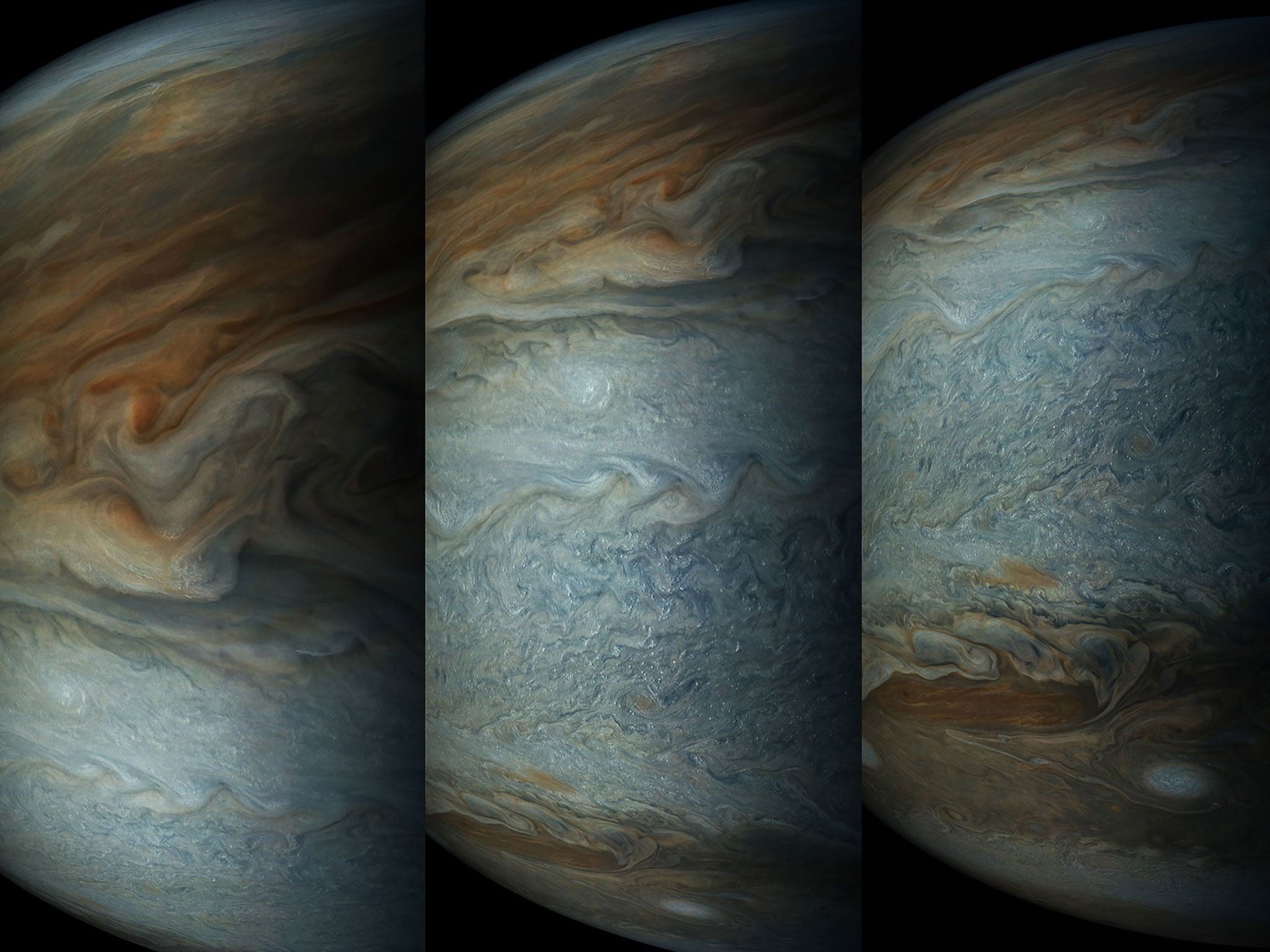 Once every 53 days the Juno spacecraft swings close to Jupiter, speeding over its clouds