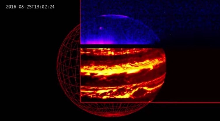 Infrared image showing Jupiter’s aurora (blue) and internal glow (red)