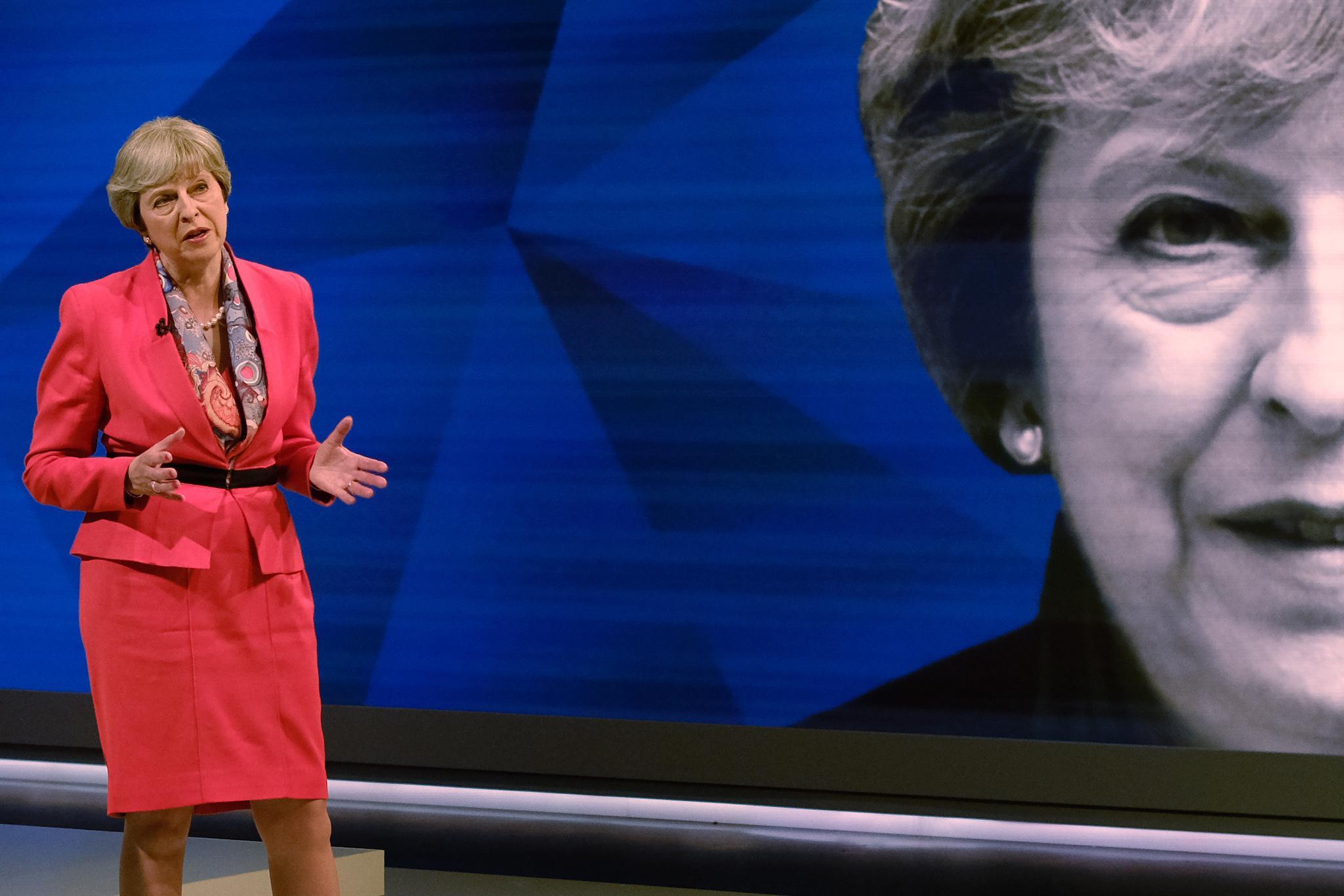 Prime Minister Theresa May answers questions from the studio audience during a joint Channel 4 and Sky News general election programme 'May v Corbyn Live: The Battle for Number 10' at Sky studios on May 29, 2017 in London, England