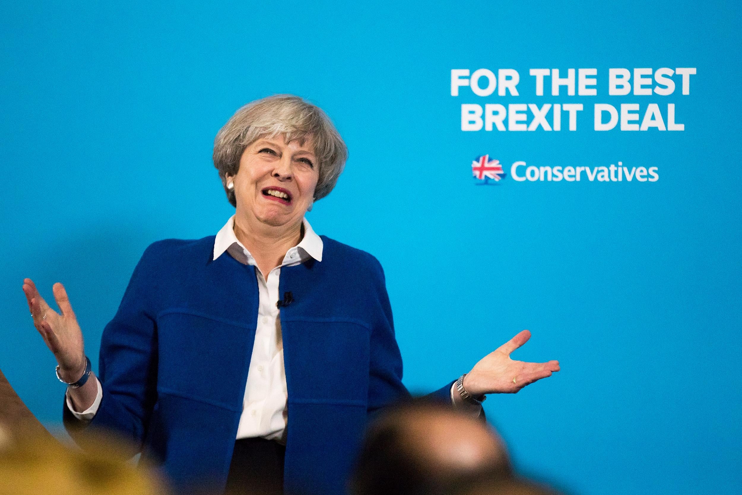 Theresa May speaks at a campaign rally in Wolverhampton