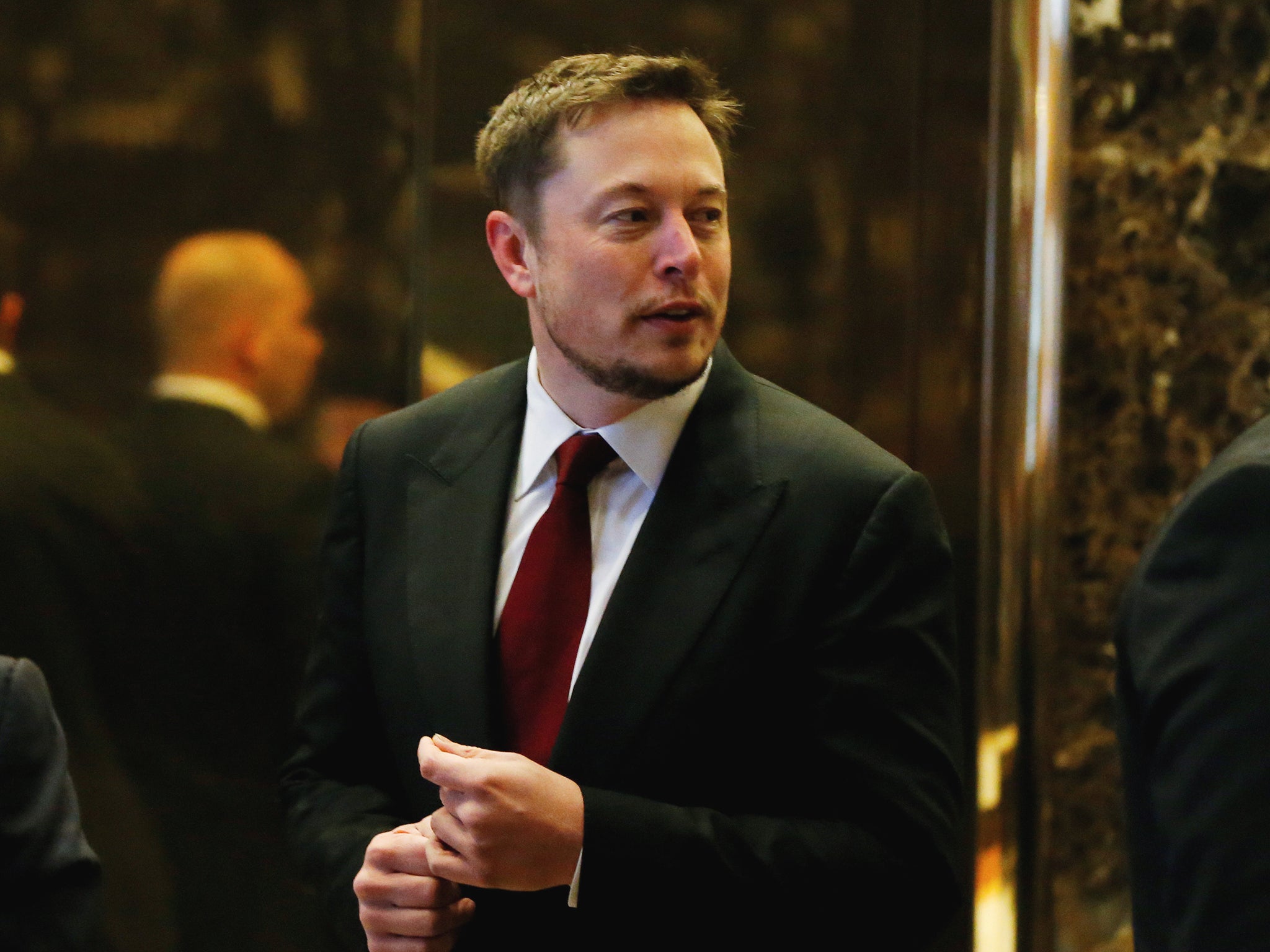 Tesla chief executive Elon Musk in the lobby of Trump Tower in Manhattan, New York, in January