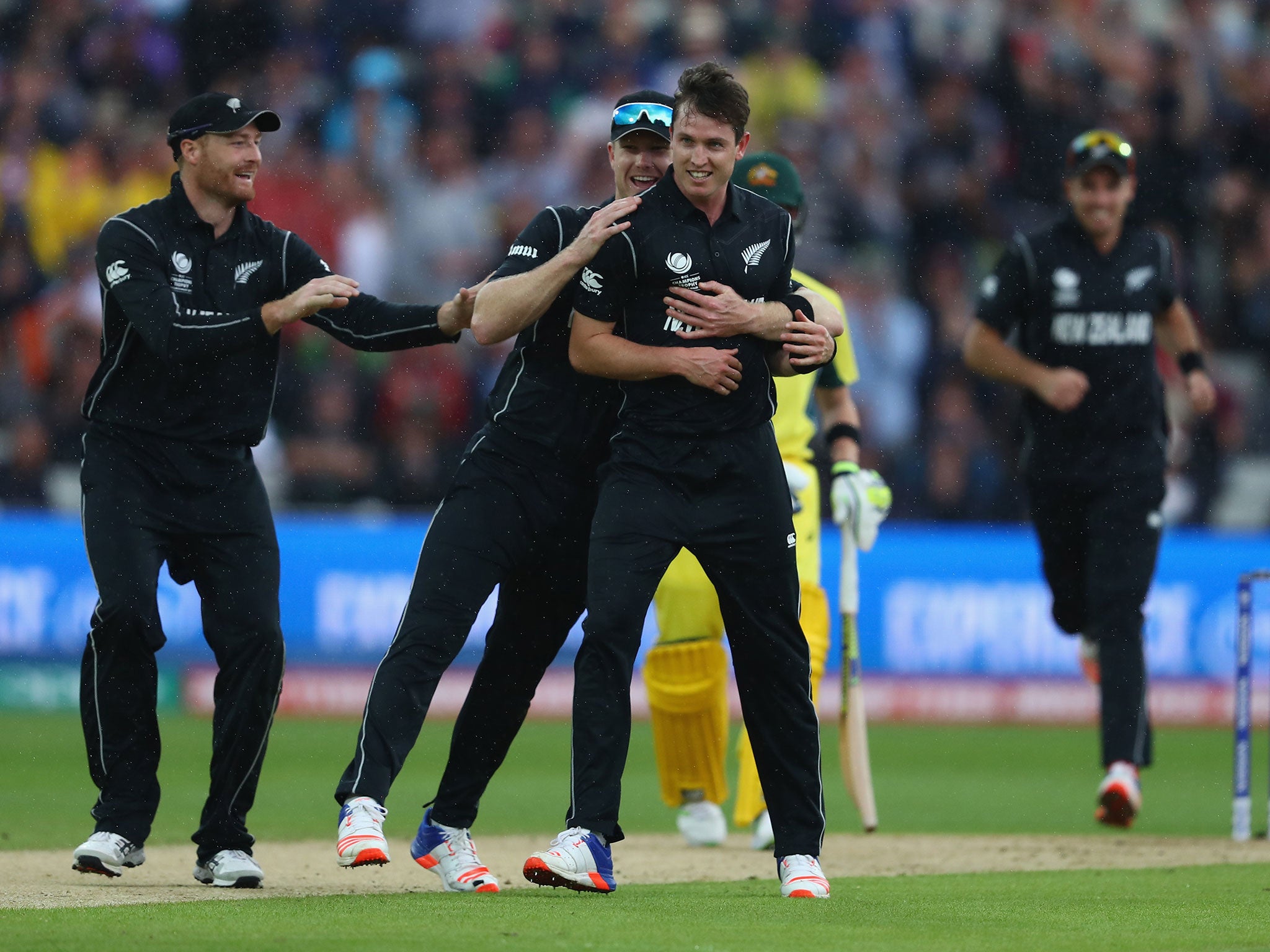 Adam Milne celebrates taking the caught and bowled wicket of Moises Henriques