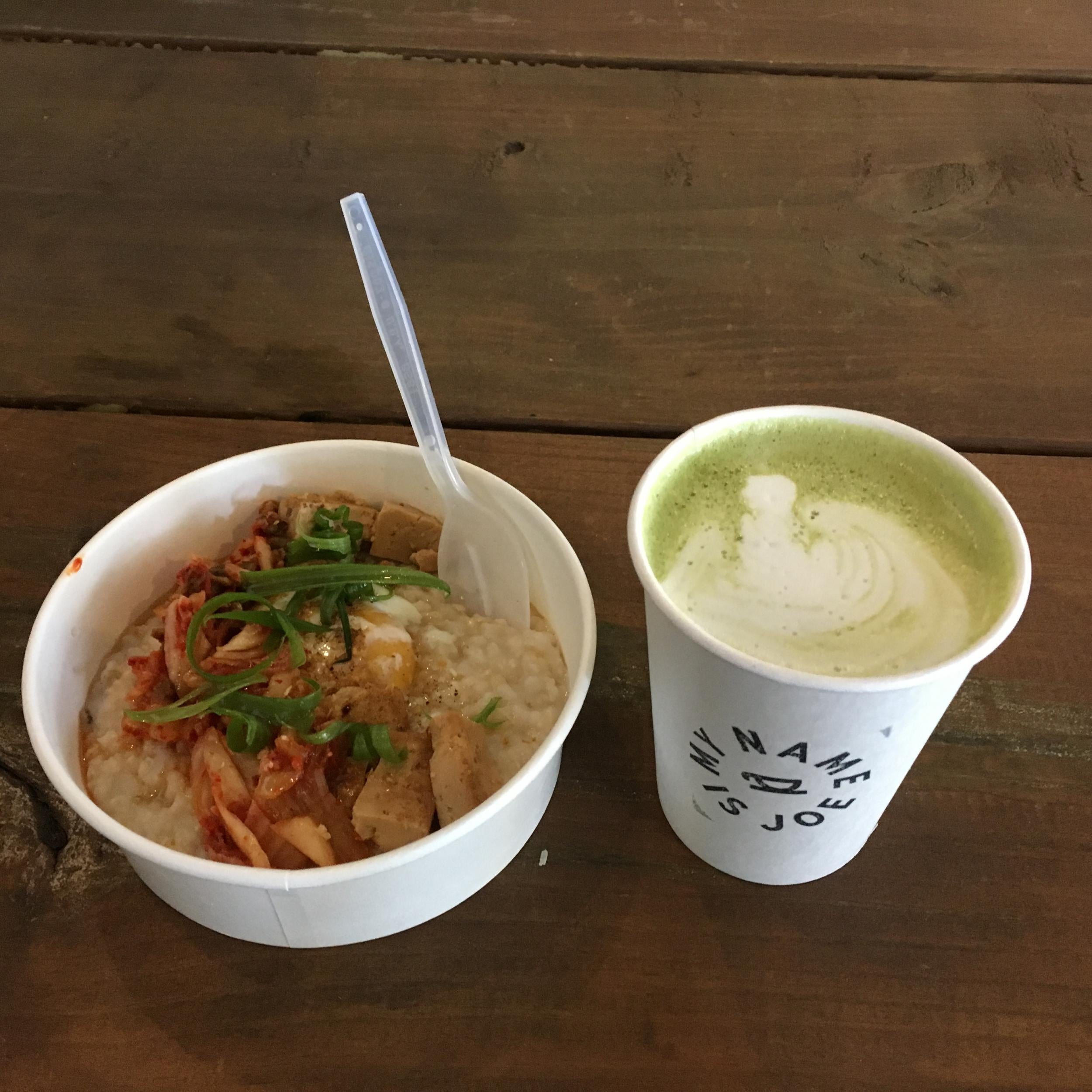 Kimchi brown rice porridge and a matcha latte at My Name Is Joe