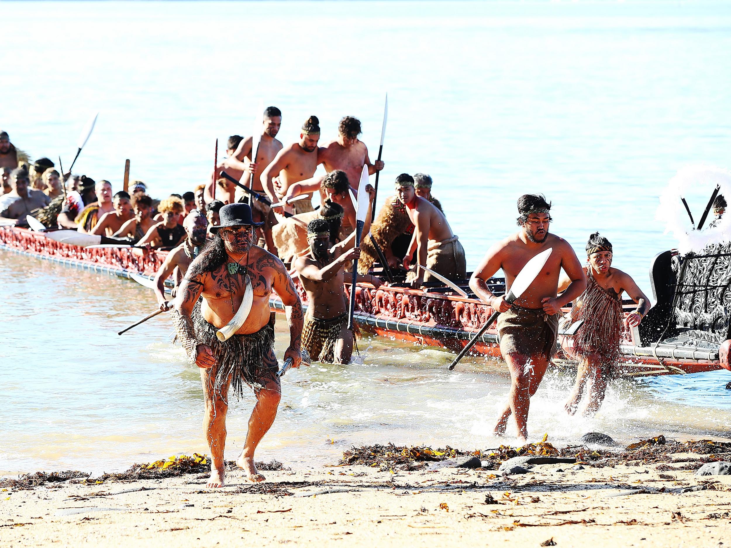 The Maori Warriors arrive on a waka to welcome the British &amp; Irish Lions