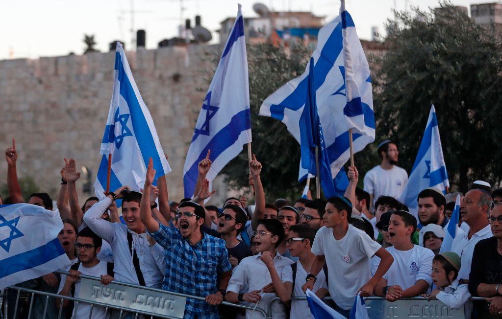 Flying the flag: far-right Israeli nationalists demonstrating in Jerusalem’s Old City on Jerusalem Day last month