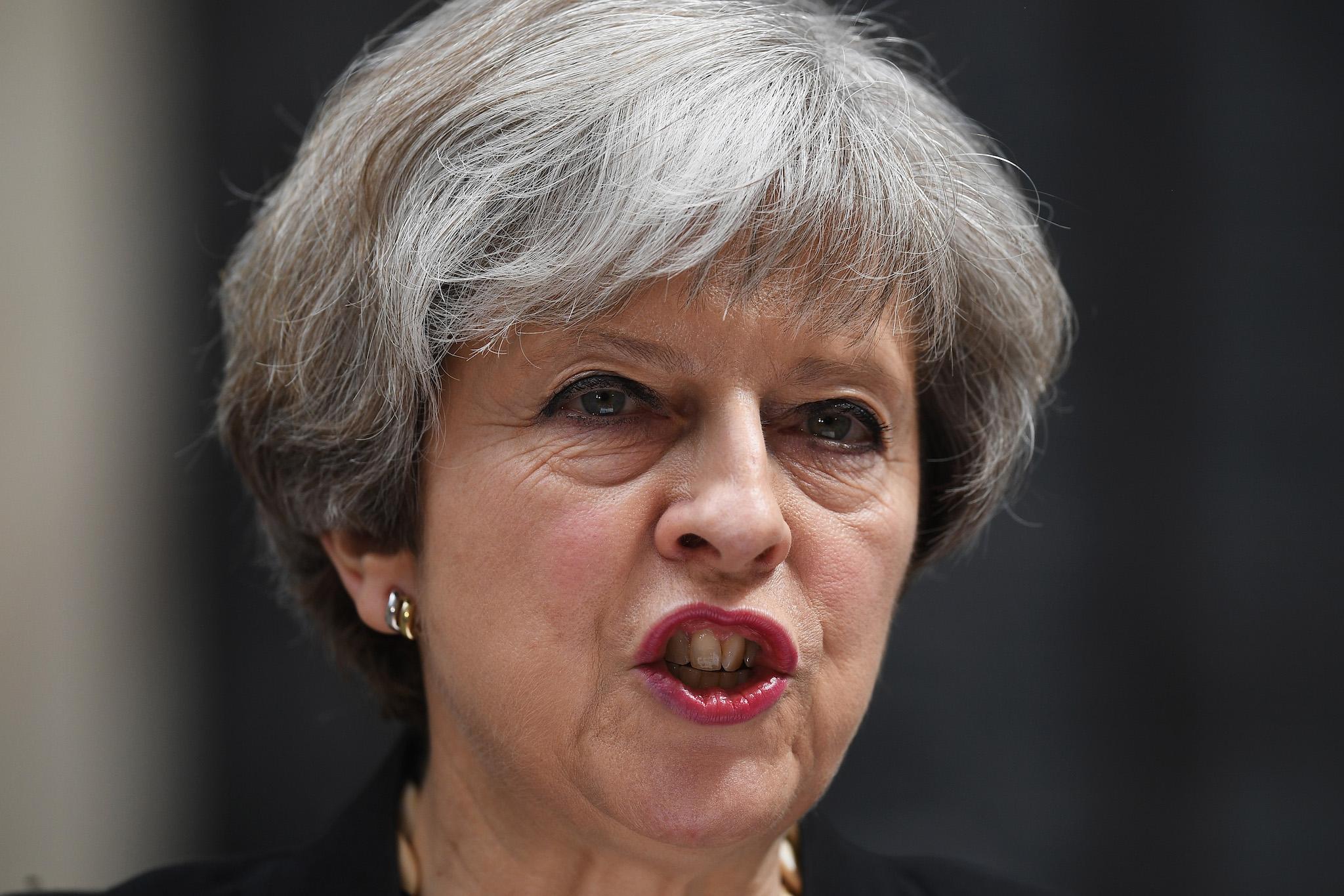 Theresa May addresses the media following a Cobra on Sunday meeting in response to the London Bridge attack