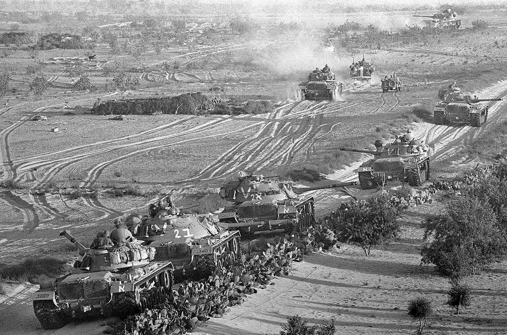 Gaza Strip, June ,1967: Israeli armor advances against Egyptian troops at the start of the Six-Day War