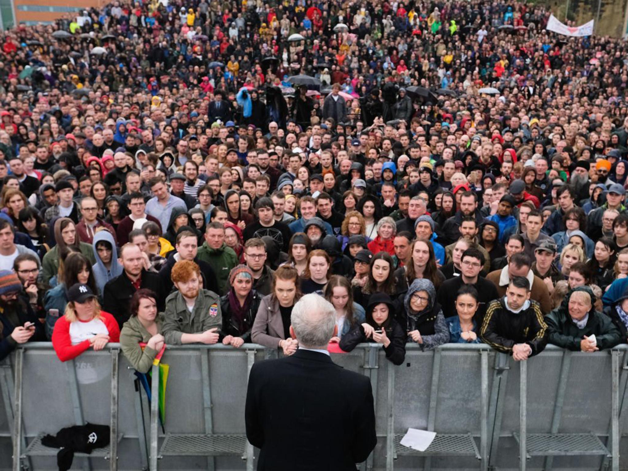 Labour Leader Jeremy Corbyn delivers a speech to crowds numbering in their thousands at a rally in Gateshead