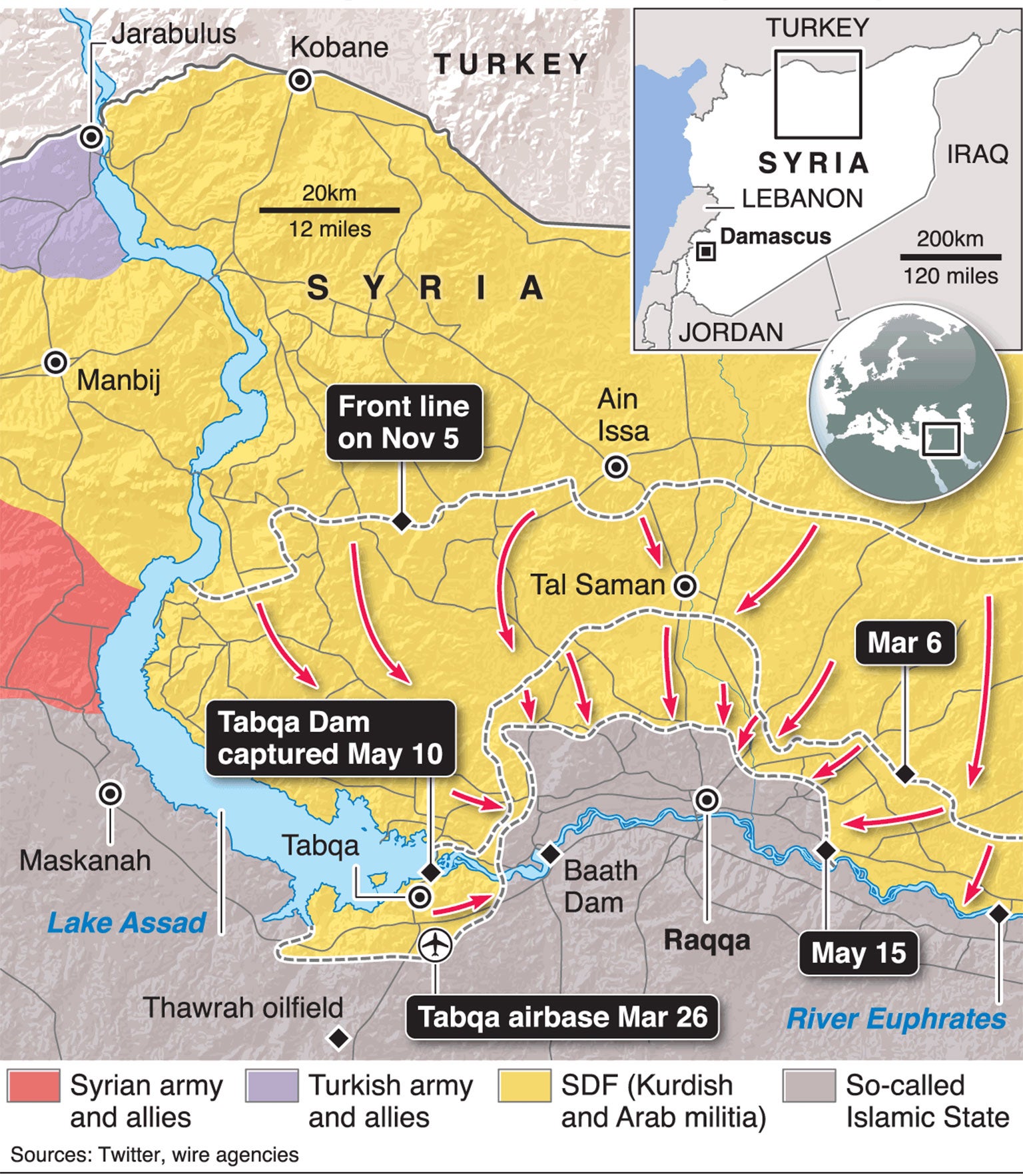 The state of play in late May, as the SDF closed in on Raqqa from the north, east and west. Baath Dam has since been captured and the SDF says it is within 1km of the city to the east