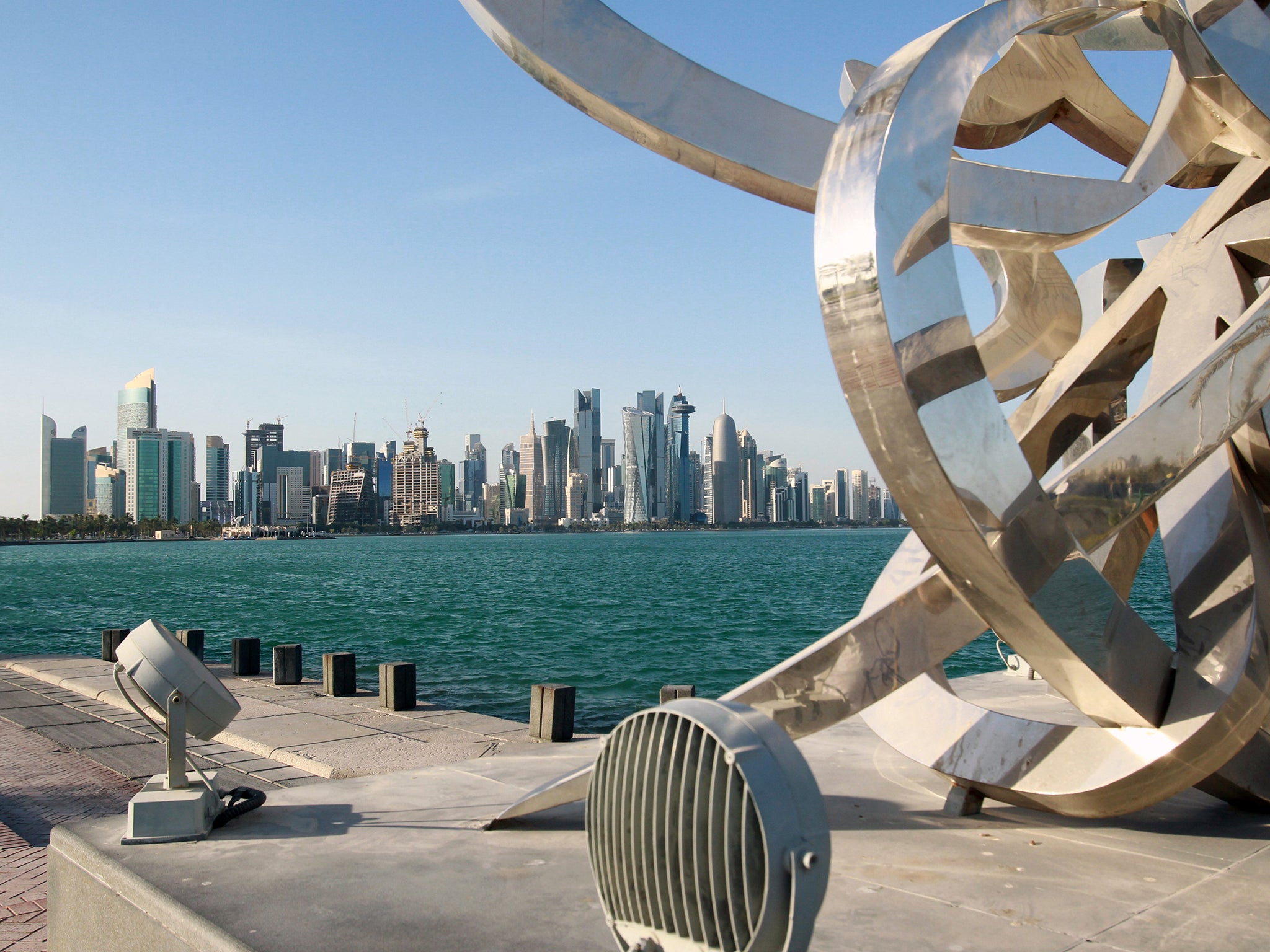 Buildings are seen from across the water in Doha, Qatar