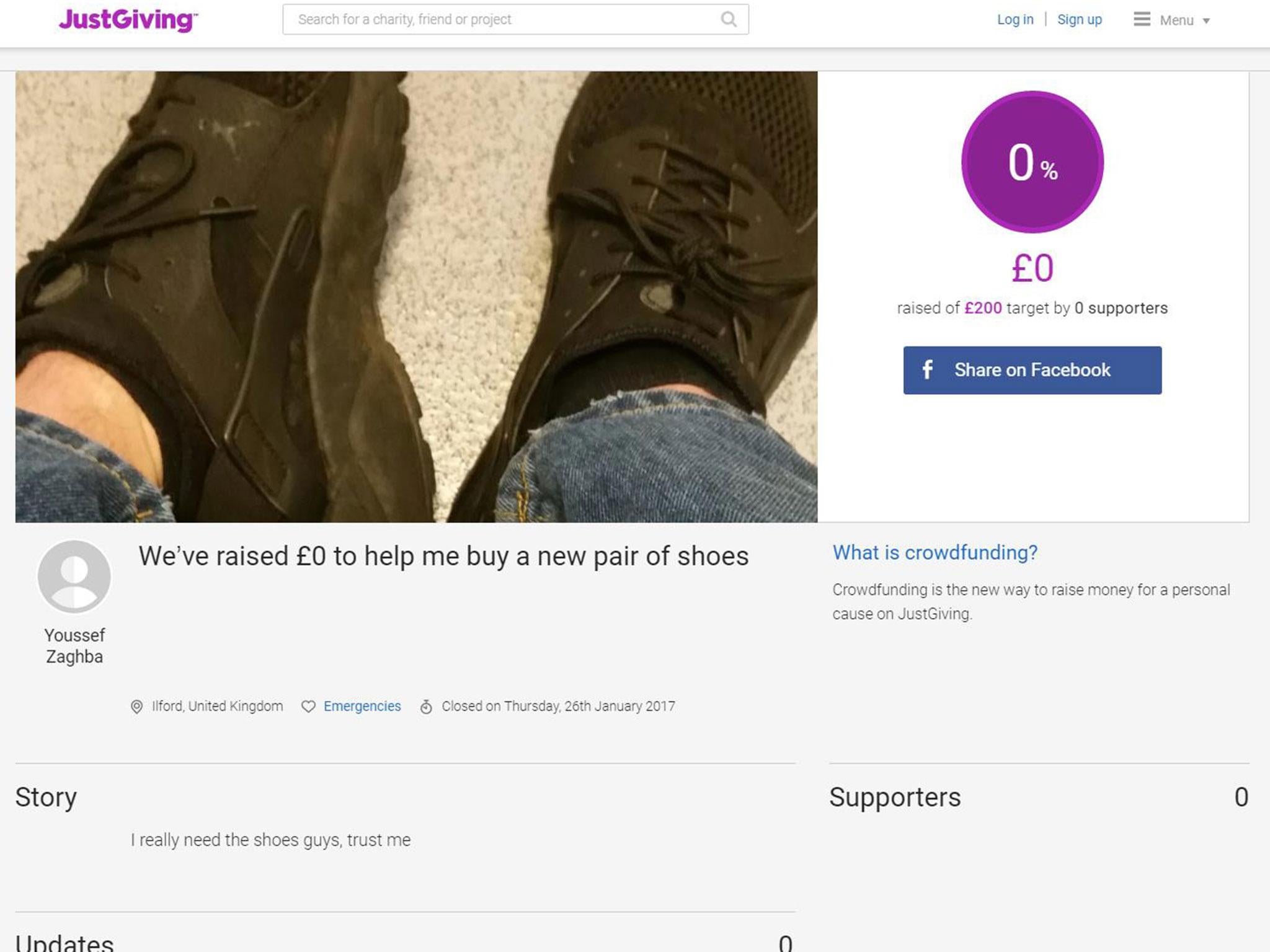 An account in the name of Youssef Zaghba attempted to raise £200 for 'new shoes' in January