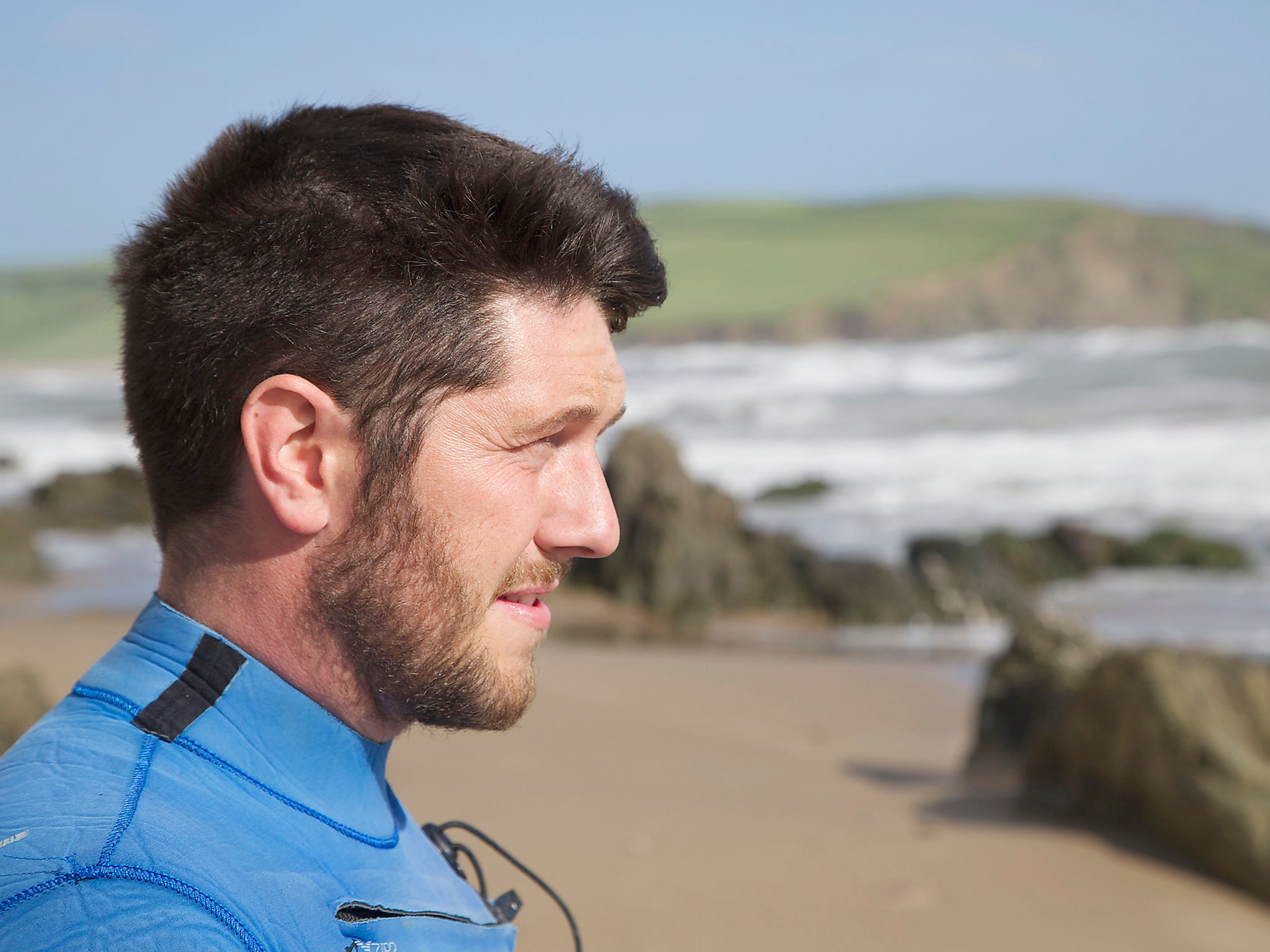 Rich Thomson who has described how he hit a shark on the head after it bit him on the leg while he was in the water off Bantham in South Devon