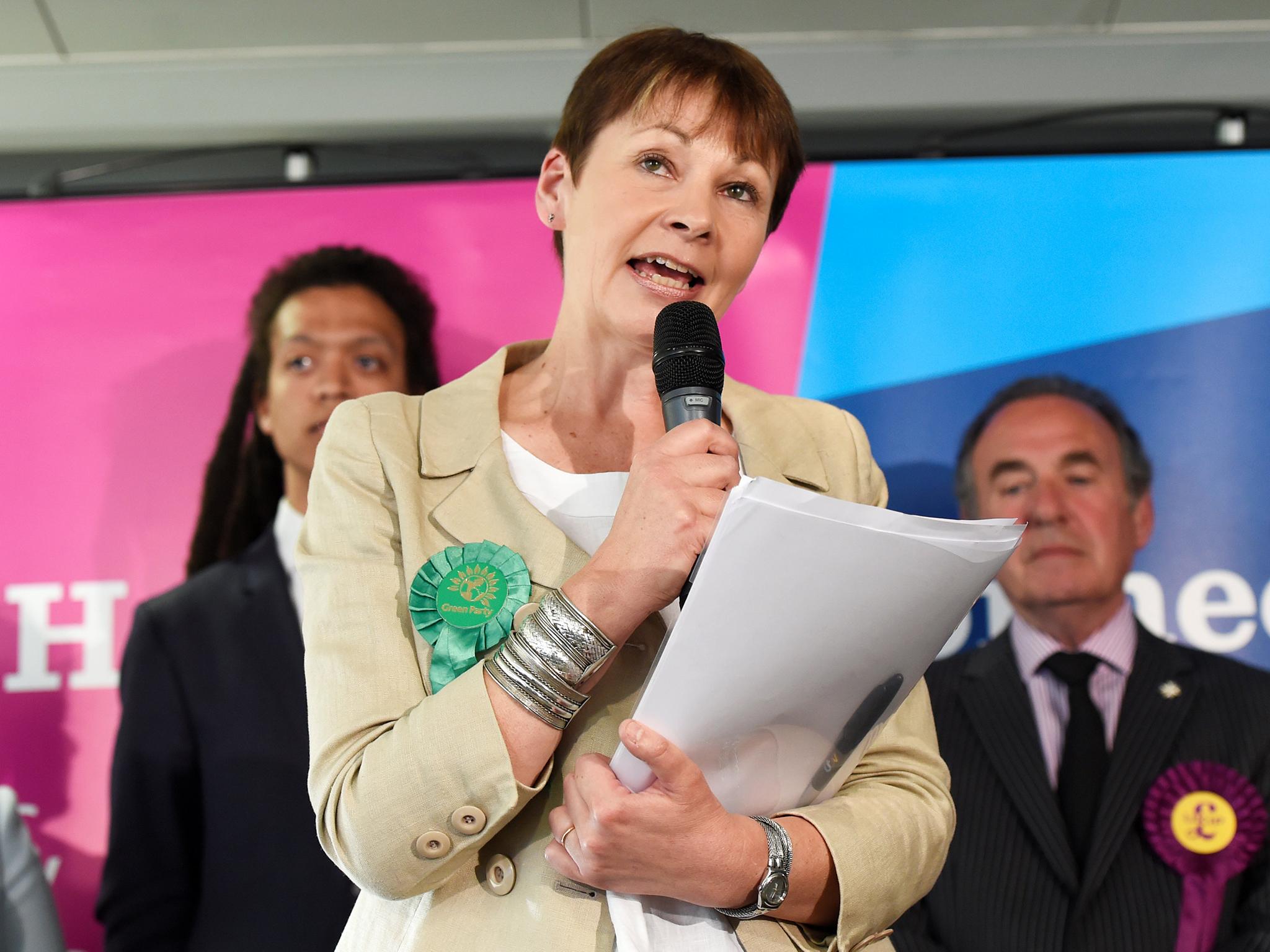Caroline Lucas, co-leader of Britain's Green Party, speaks after retaining her seat in the general election, in Brighton