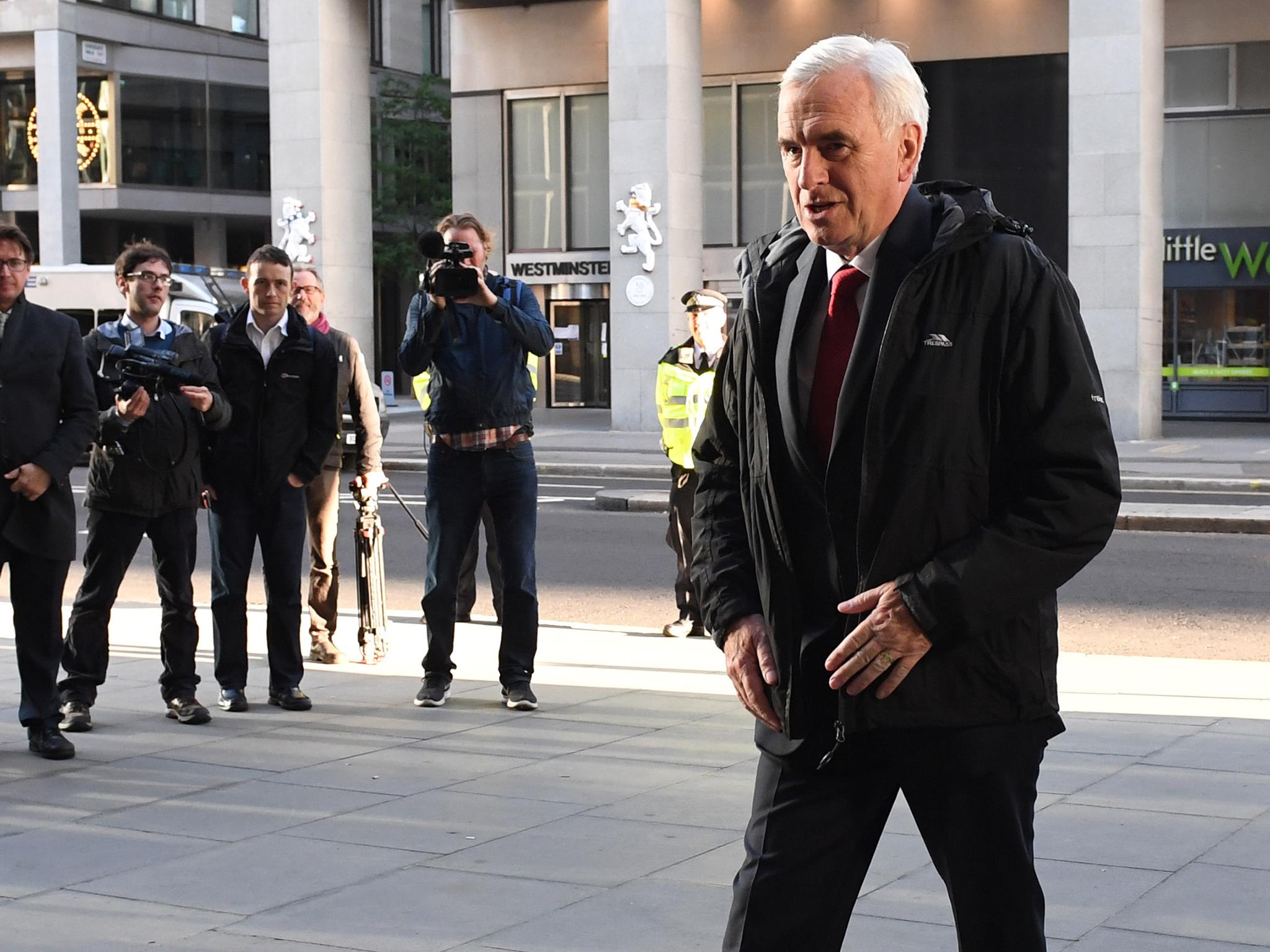 Shadow Chancellor John McDonnell arrives at Labour Headquarters on June 9, 2017 in London, England. After a snap election was called by Prime Minister Theresa May the United Kingdom went to the polls yesterday. The closely fought election has failed to return a clear overall majority winner and a hung parliament has been declared