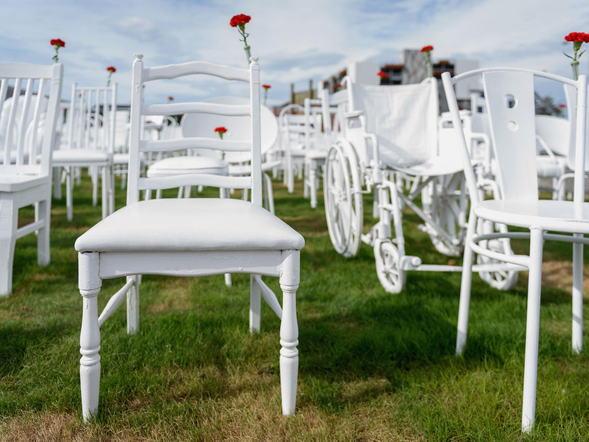 The 185 Empty White Chairs memorial