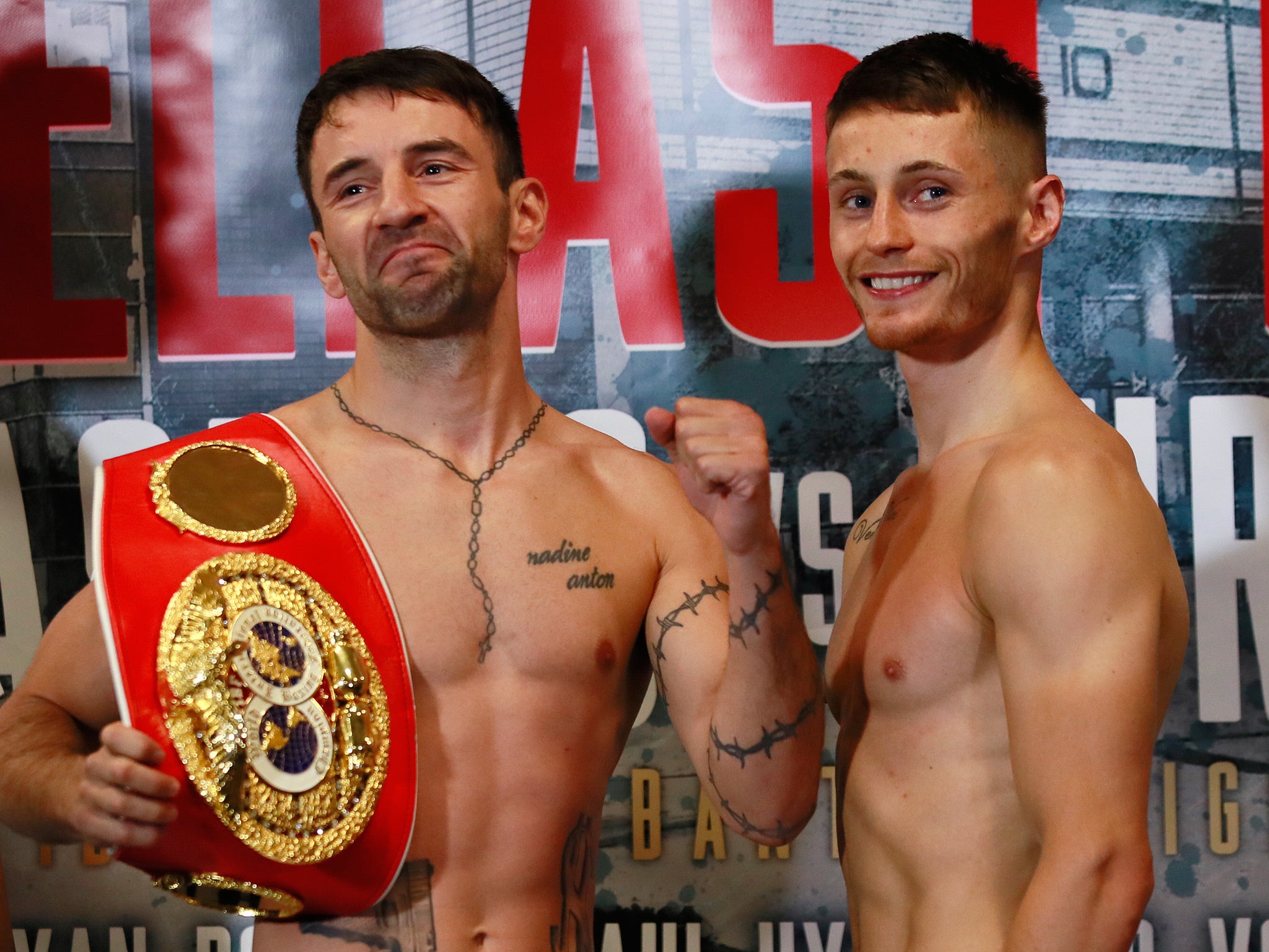 Lee Haskins and Ryan Burnett during the weigh-in