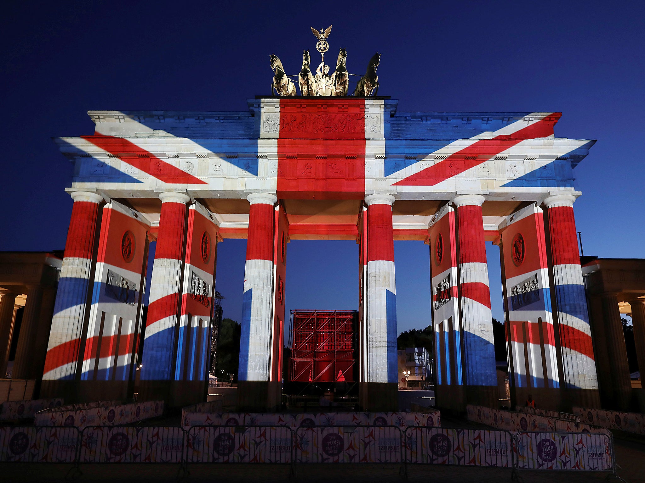 Berlin's Brandenburg Gate, illuminated in the colours of the Union Jack