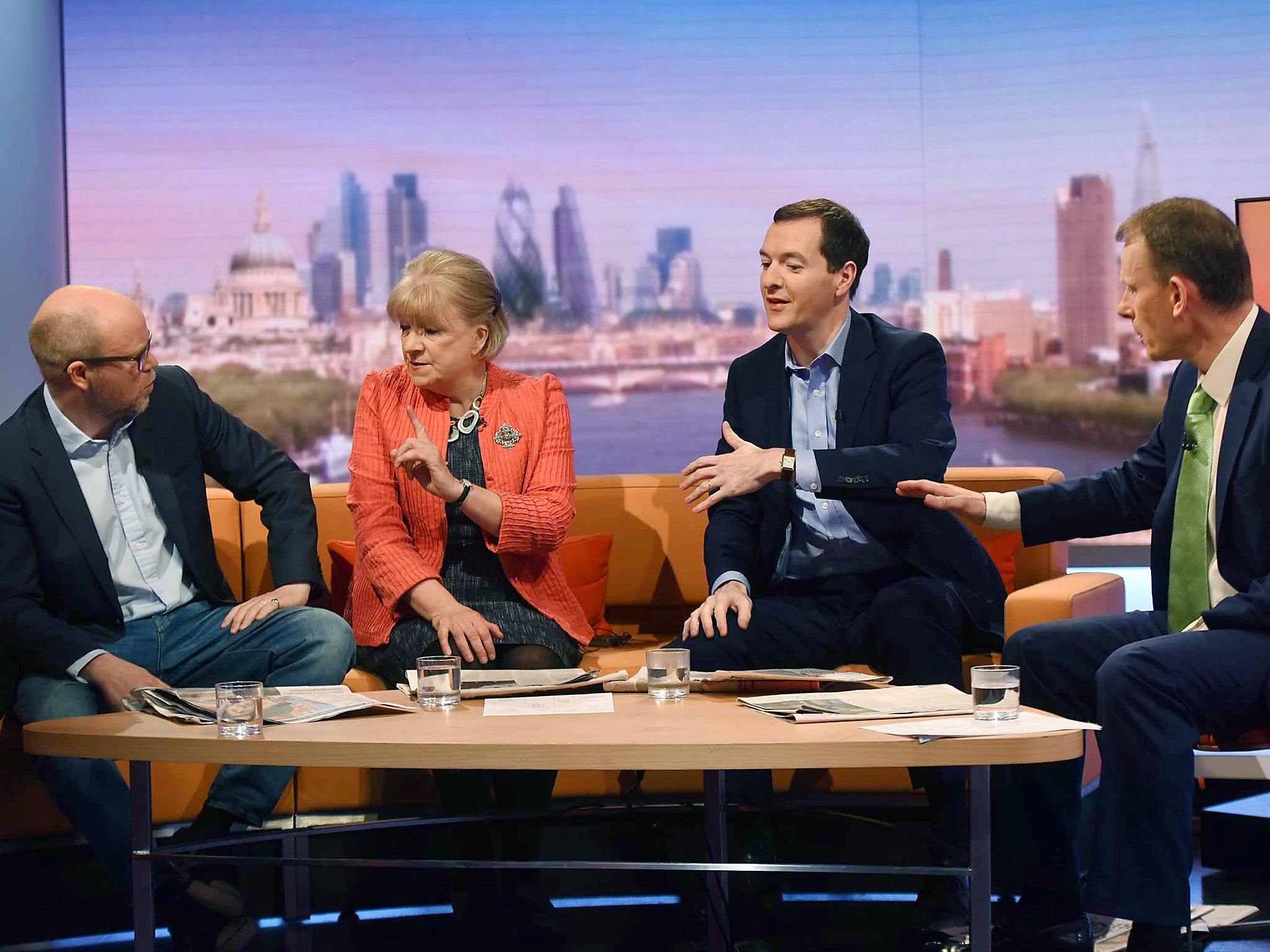 Toby Young, Guardian columnist Polly Toynbee, former chancellor George Osborne and Andrew Marr appearing on the BBC One current affairs programme, The Andrew Marr Show