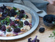 How to make savoury spelt base pizza with blackberries, gorgonzola, kale and walnuts