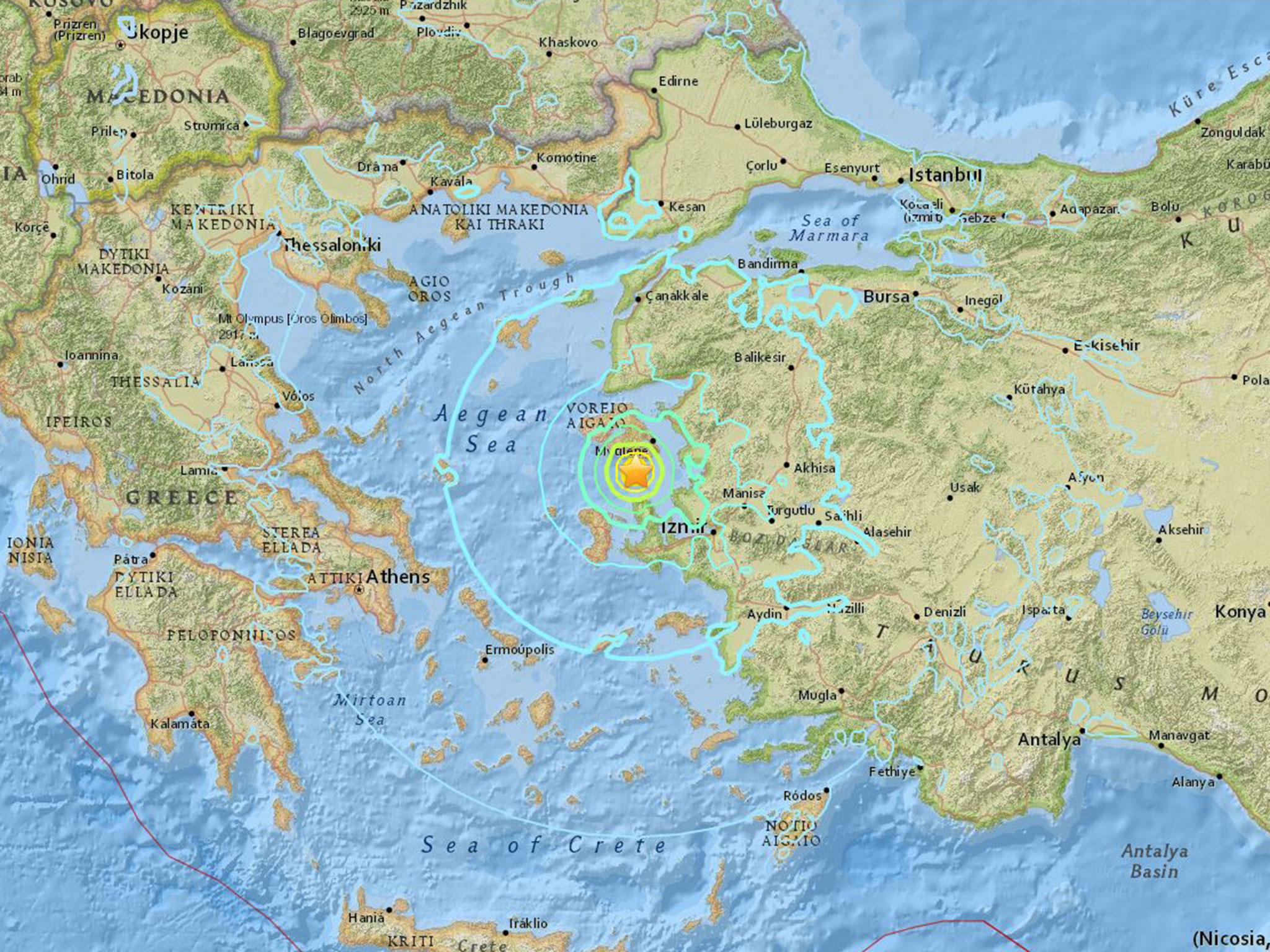 The epicentre of the quake was located some 84 km (52 miles) northwest of the Aegean coastal province of Izmir