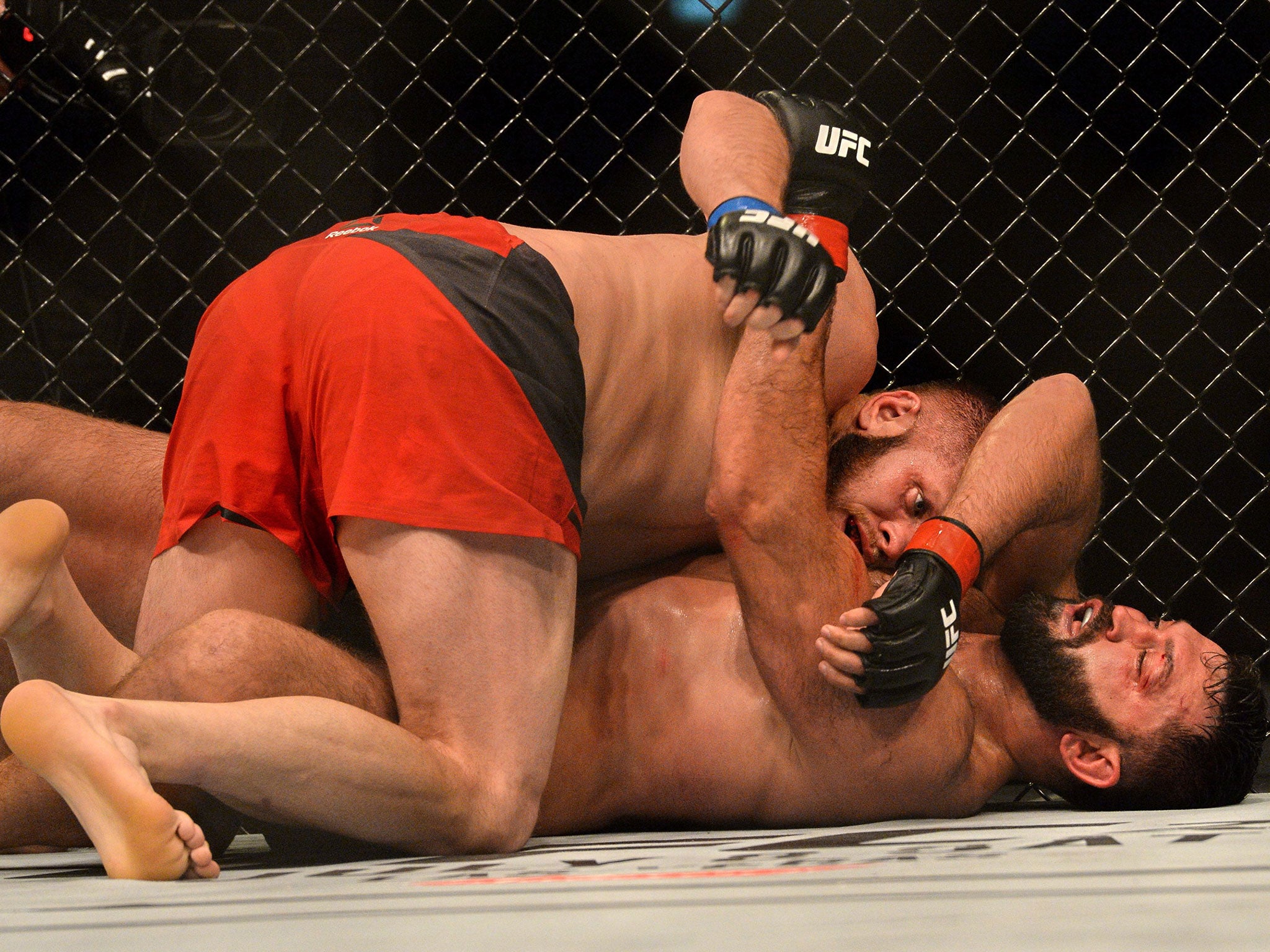 Marcin Tybura and Andrei Arlovski grapple on the canvas