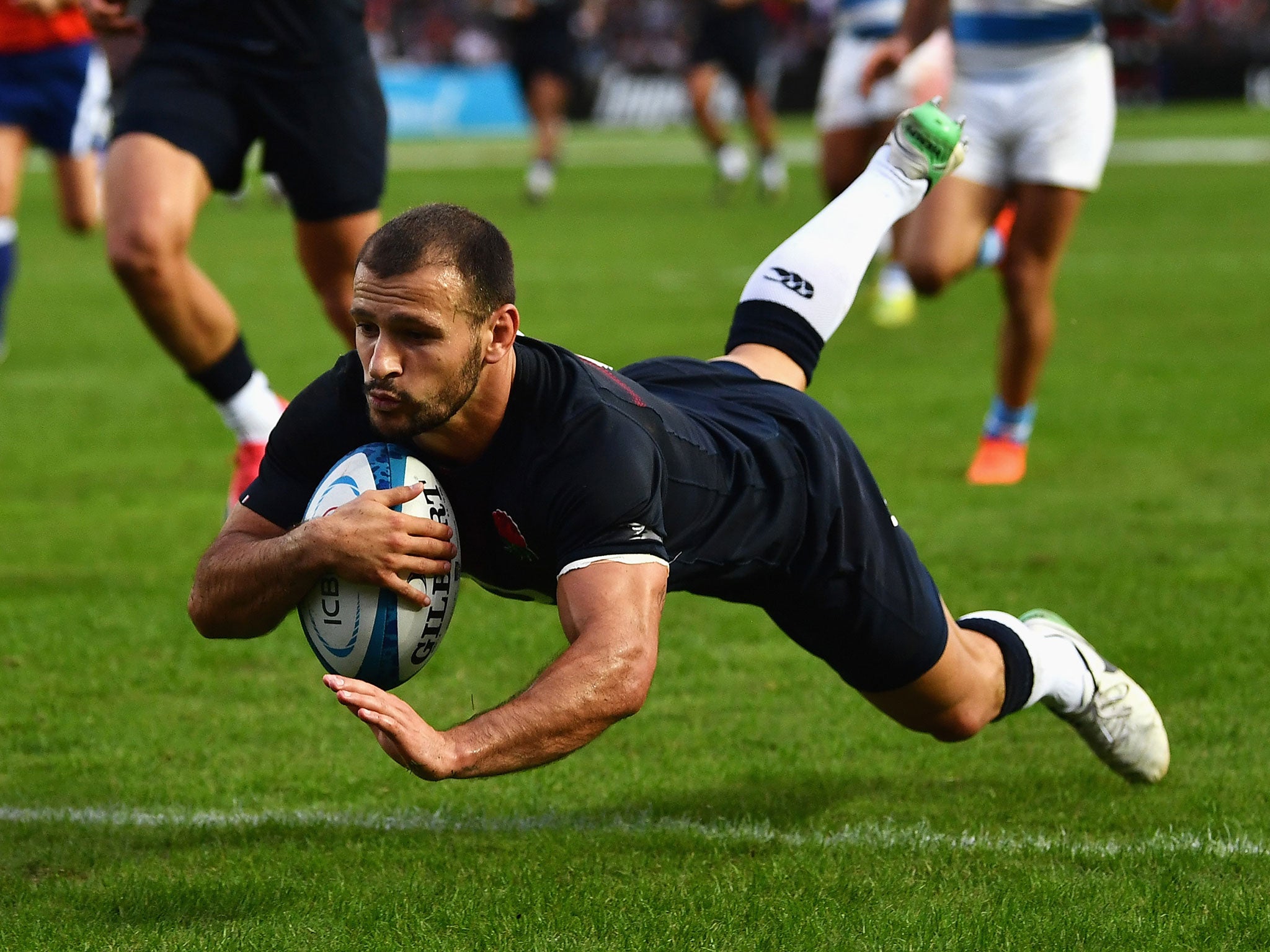 Danny Care of England scores his sides third try during the International Test match between Argentina and England at Estadio CA Colon on June 17, 2017 in Santa Fe, Argentina.