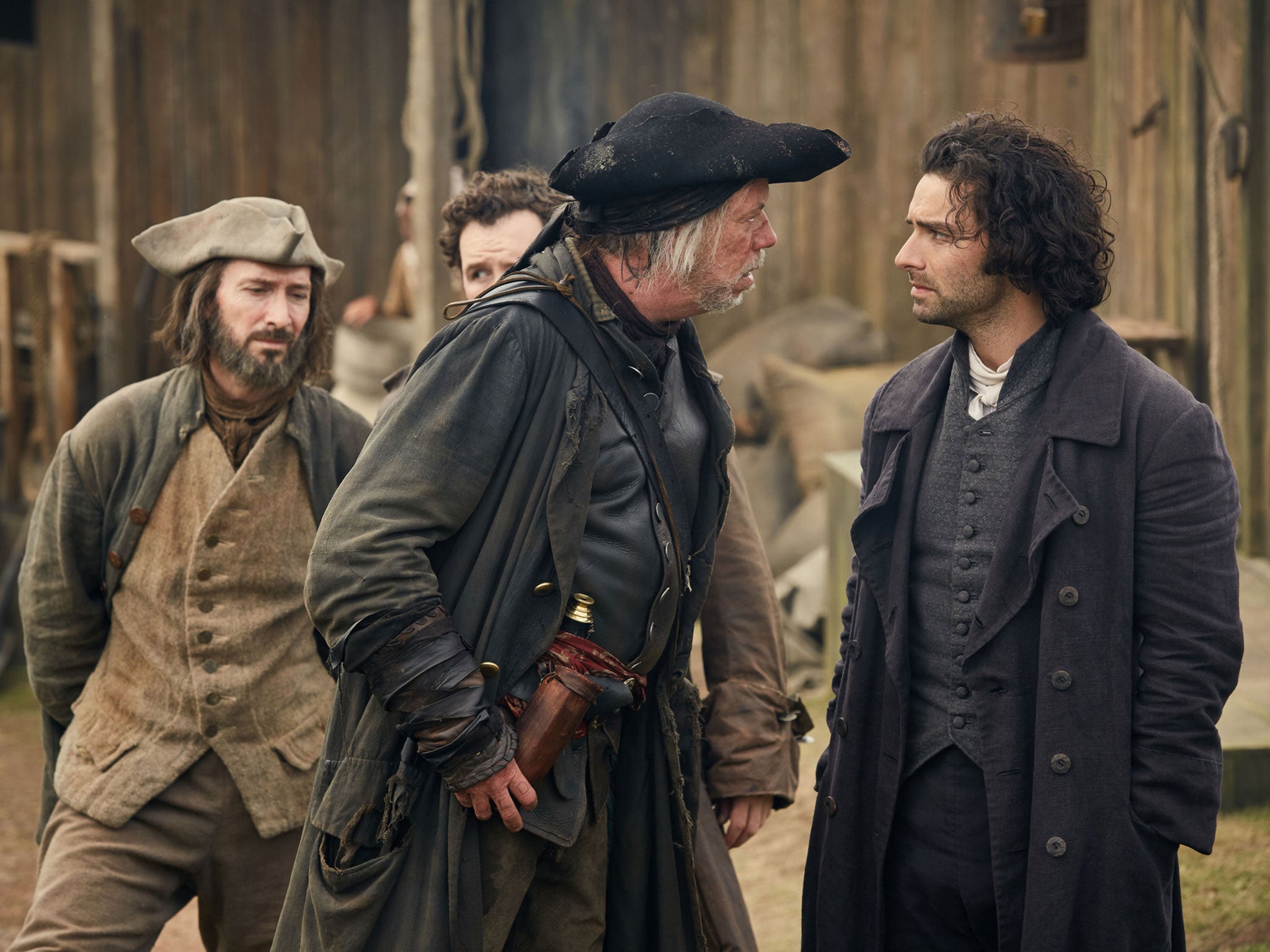 Aidan Turner as Ross Poldark and Tholly Tregirls played by Sean Gilder