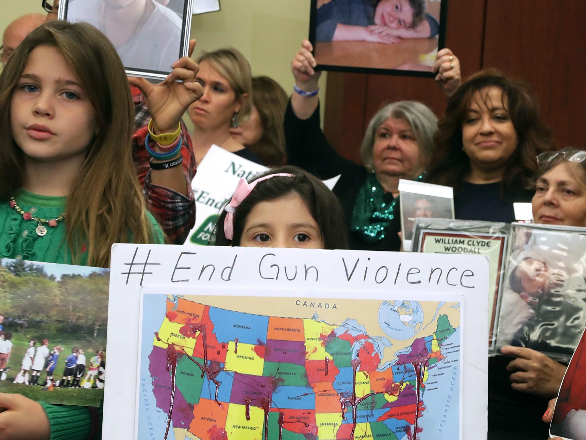 More than 80 family members and friends of people who were killed by gun violence gather for a news conference with Congressional Democrats to call for action on gun violence prevention at the US Capitol in December 2016