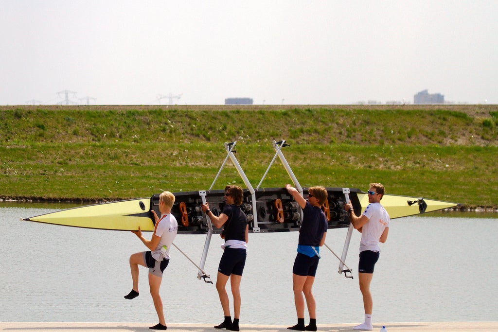 Rowing teams practice at the Eendragtspolder, a site intended to be both a public amenity and a reservoir for floodwater