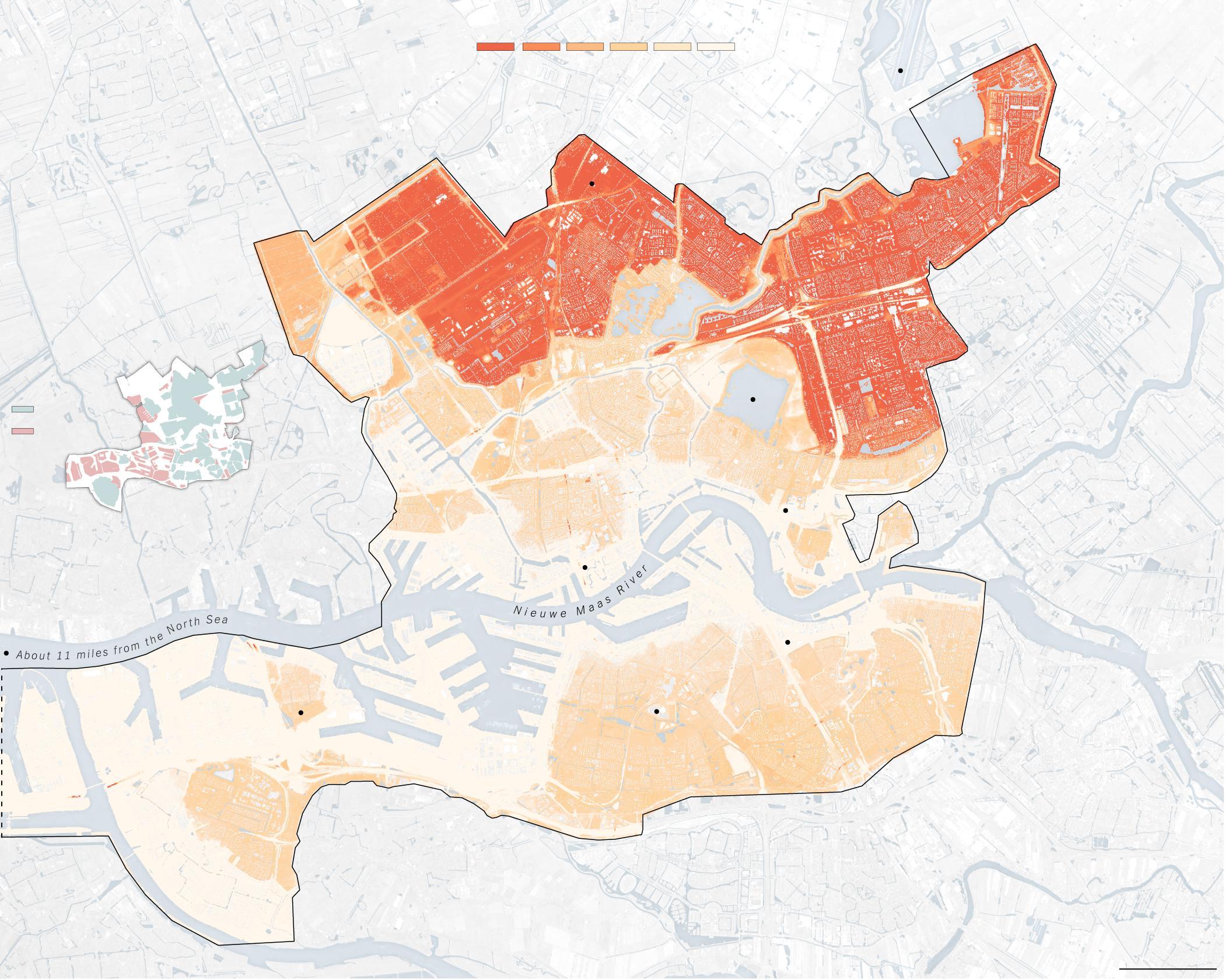 Ninety per cent of the city of Rotterdam lies below sea level, with the northern districts most at risk from a rising ocean (red shaded areas are 5 metres below sea level)