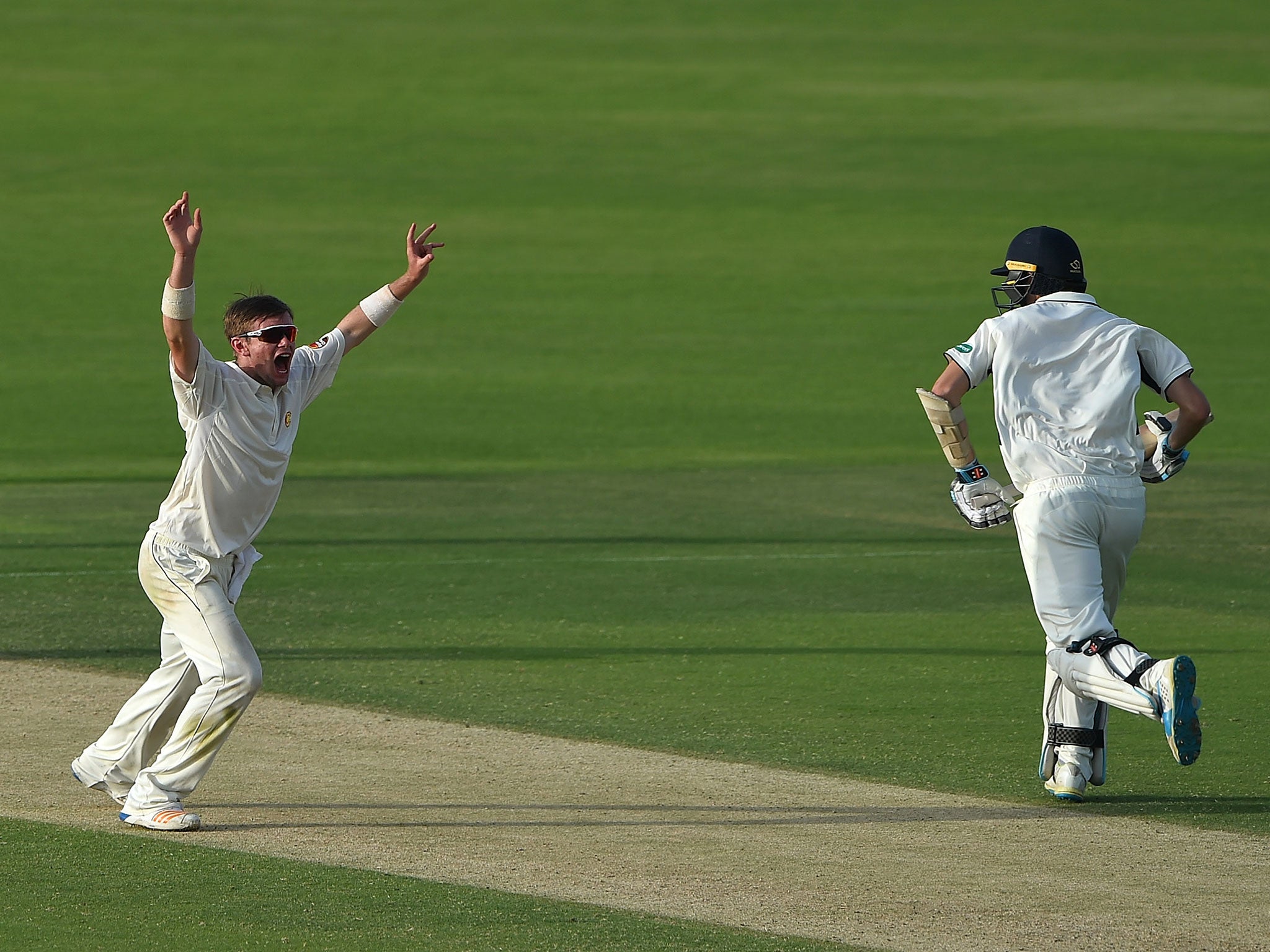 Mason Crane appeals during day three of the Champion County match between Marylebone Cricket Club and Middlesex in Abu Dhabi, March 2017