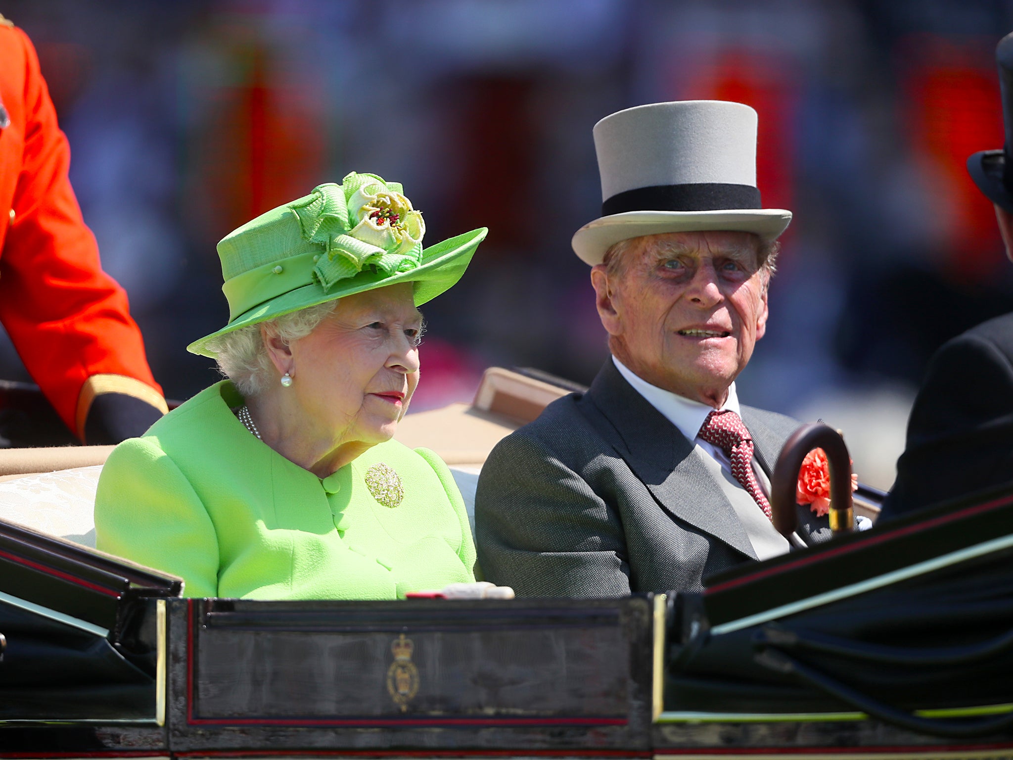 Queen Elizabeth II and Prince Philip, Duke of Edinburgh in their carriage during day one of Royal Ascot at Ascot Racecourse